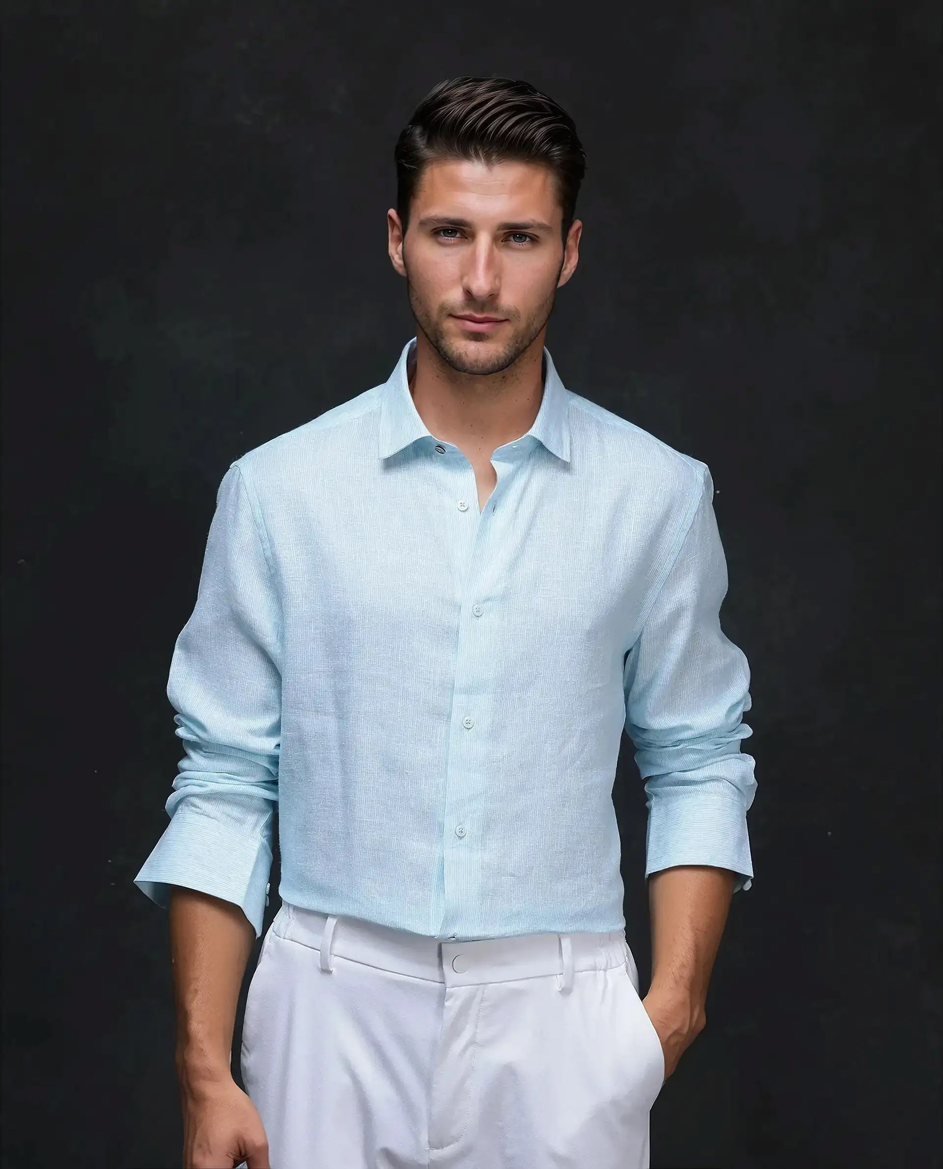 Rare Rabbit Men's Valt Light Aqua Linen Blend Plain Regular Fit Full Sleeve Collared Shirt