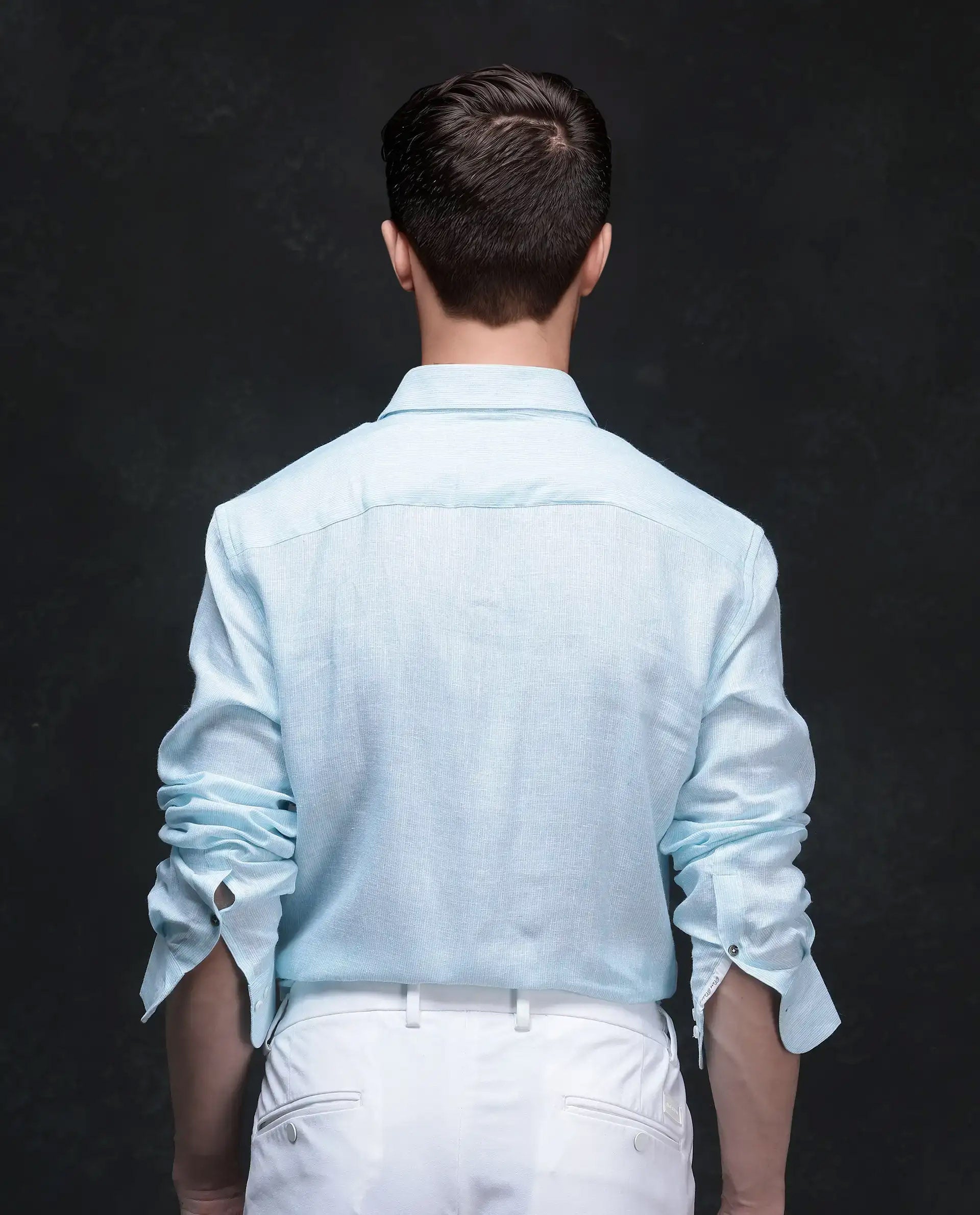 Rare Rabbit Men's Valt Light Aqua Linen Blend Plain Regular Fit Full Sleeve Collared Shirt