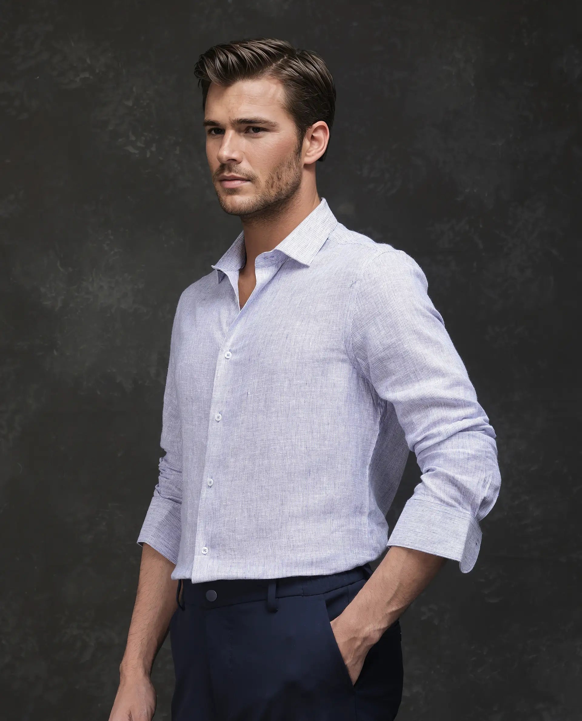 Rare Rabbit Men Valt Light Blue Linen Lyocell Fabric Full Sleeve Spread Collar Button Closure Plain Shirt