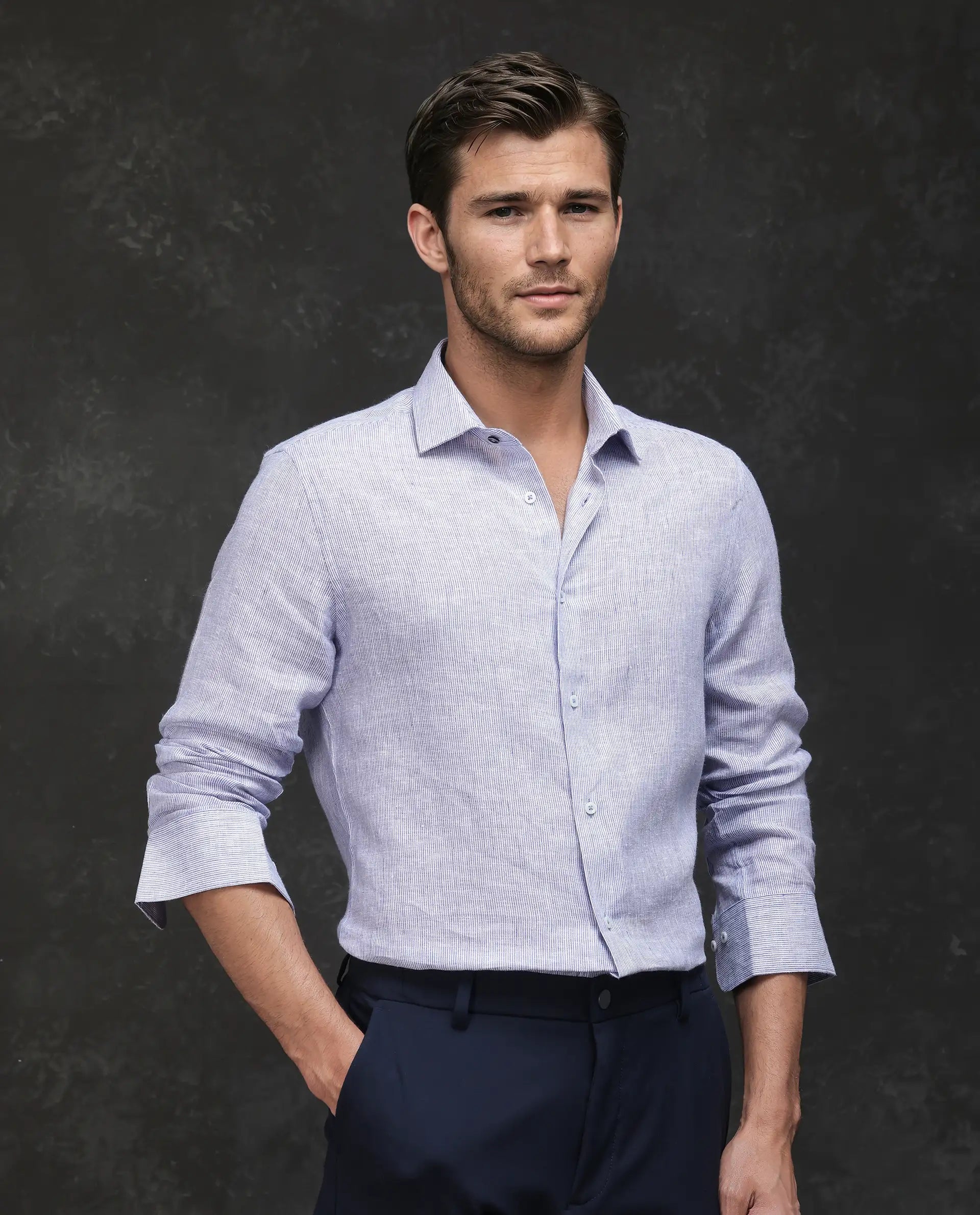 Rare Rabbit Men Valt Light Blue Linen Lyocell Fabric Full Sleeve Spread Collar Button Closure Plain Shirt