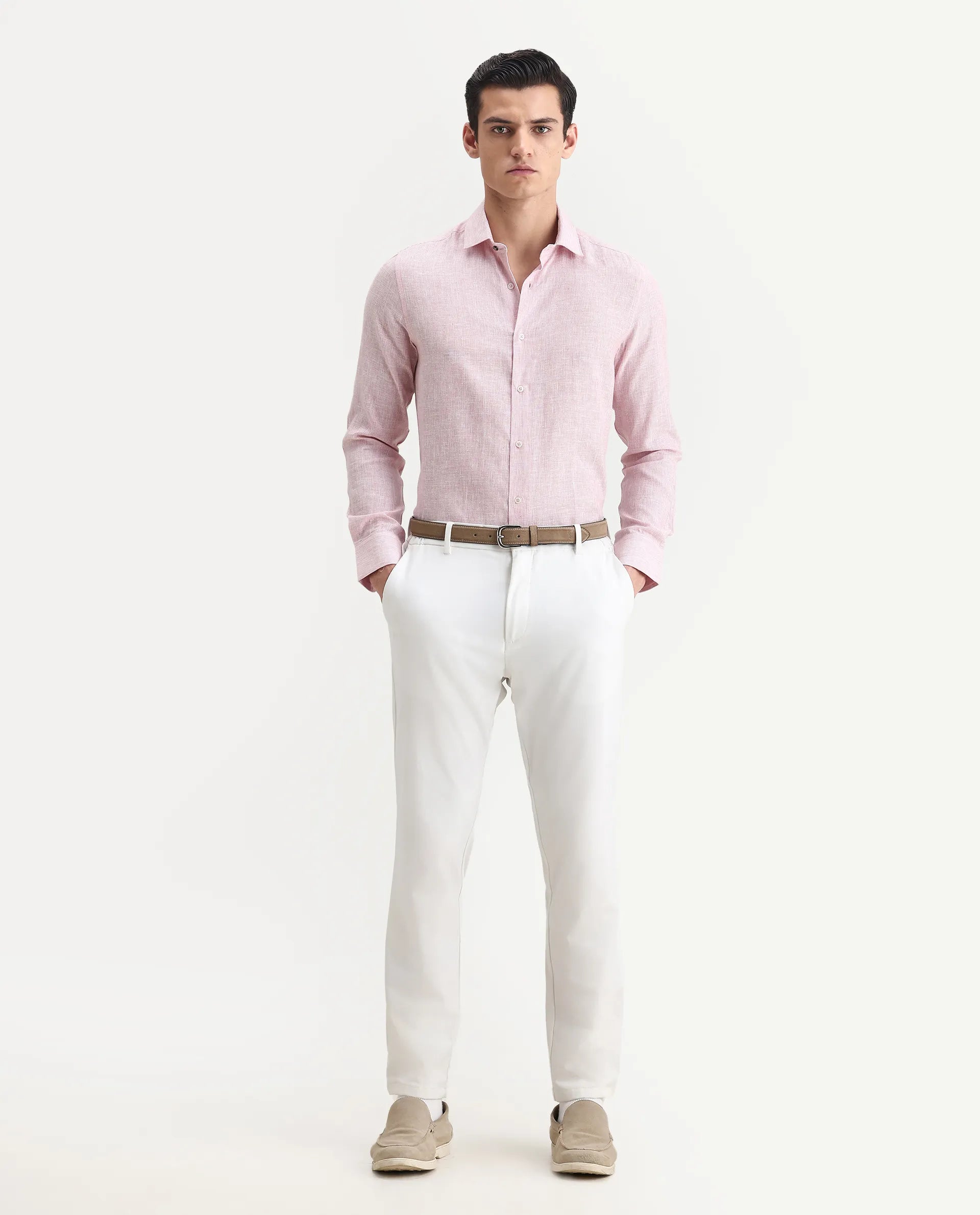 Rare Rabbit Men's Valt Light Pink Linen Blend Plain Regular Fit Full Sleeve Collared Shirt