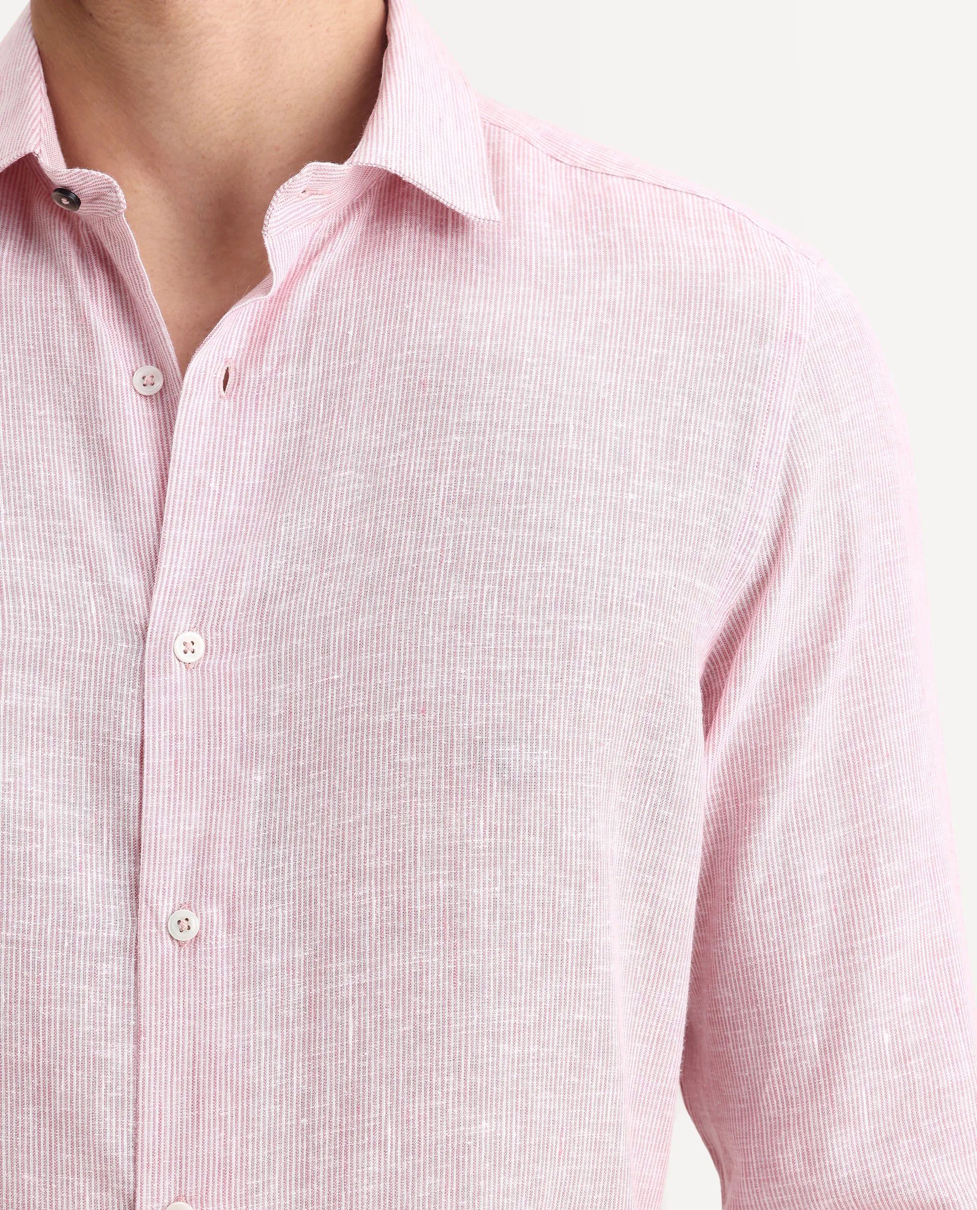 Rare Rabbit Men's Valt Light Pink Linen Blend Plain Regular Fit Full Sleeve Collared Shirt