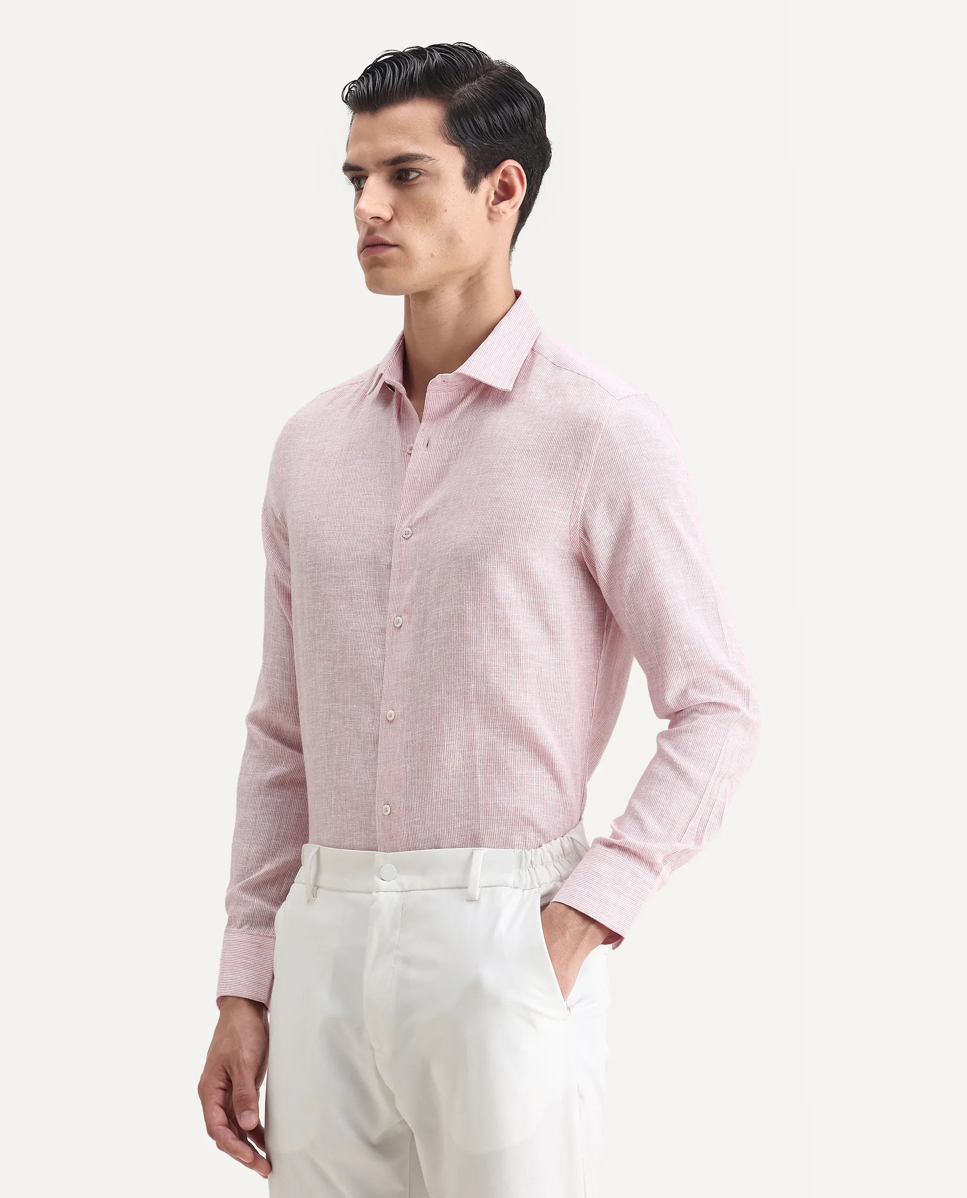 Rare Rabbit Men's Valt Light Pink Linen Blend Plain Regular Fit Full Sleeve Collared Shirt