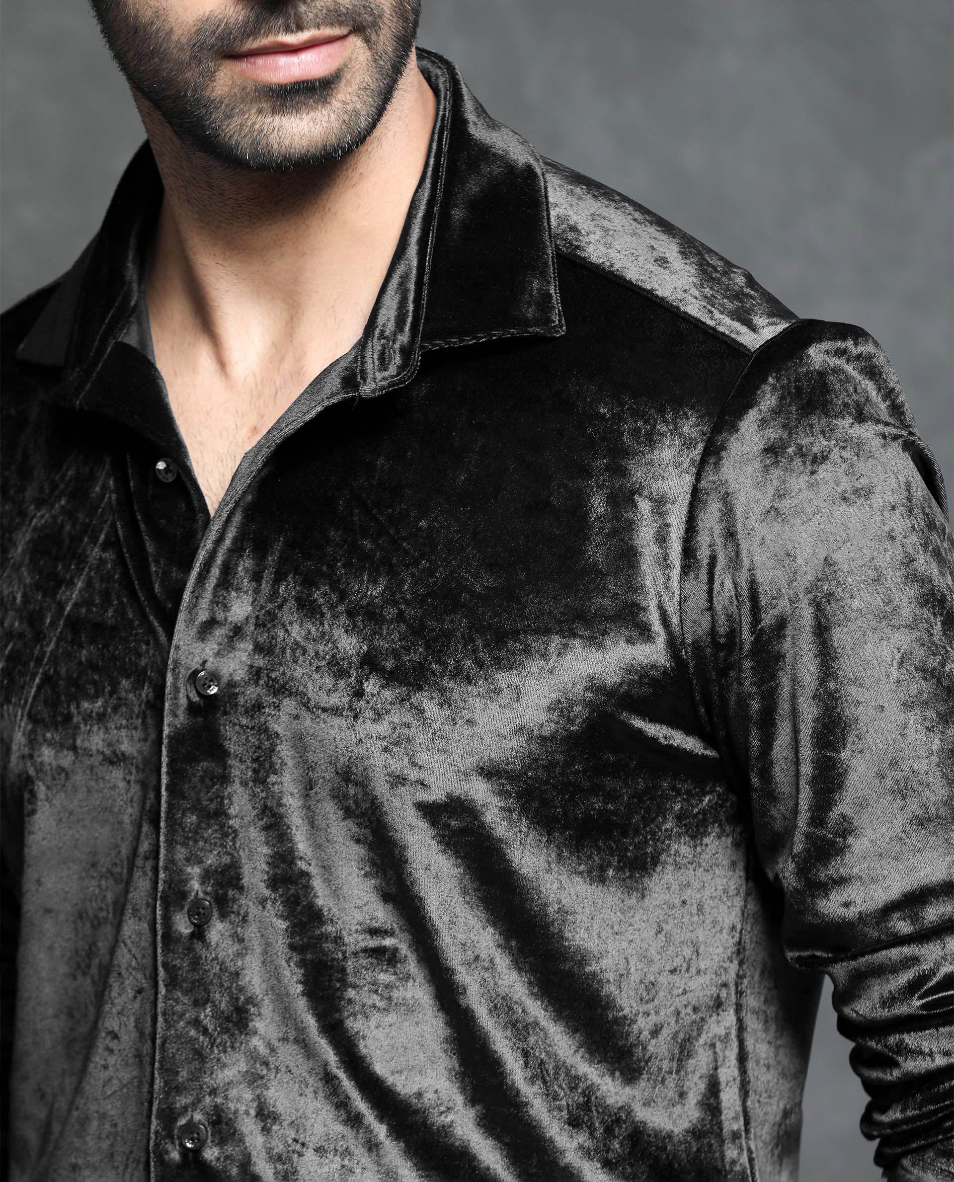 Rare Rabbit Men's Valve Black Velvet Fabric Full Sleeves Solid Shirt