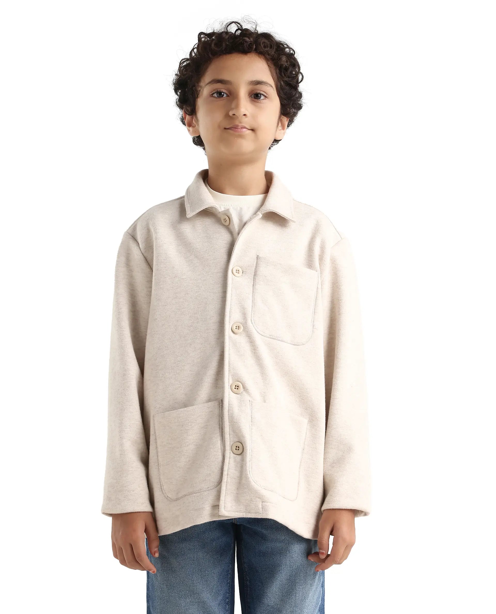 Rare Ones Kids Van-K Beige Cotton Blend Button Closure Flat Collar Plain Full Sleeves Regular Fit Jacket