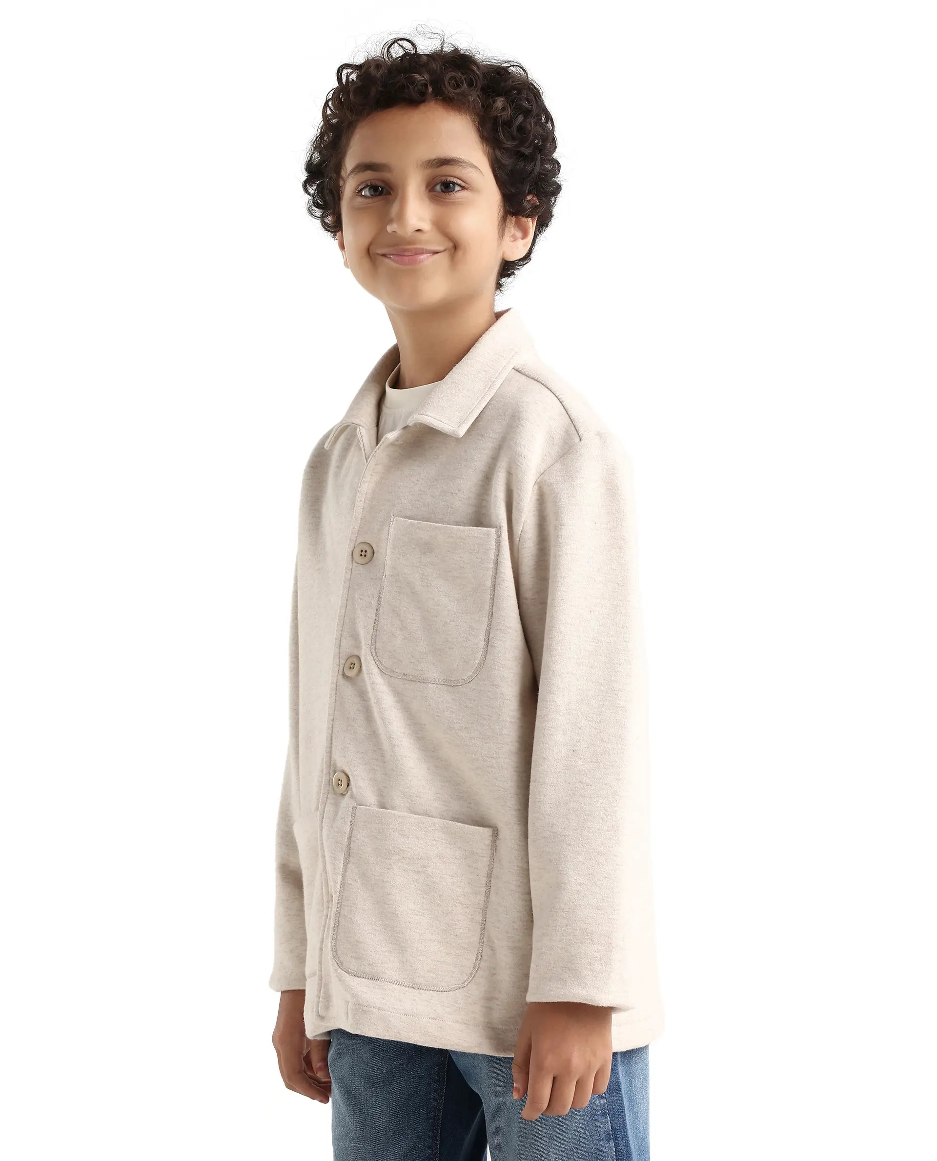 Rare Ones Kids Van-K Beige Cotton Blend Button Closure Flat Collar Plain Full Sleeves Regular Fit Jacket