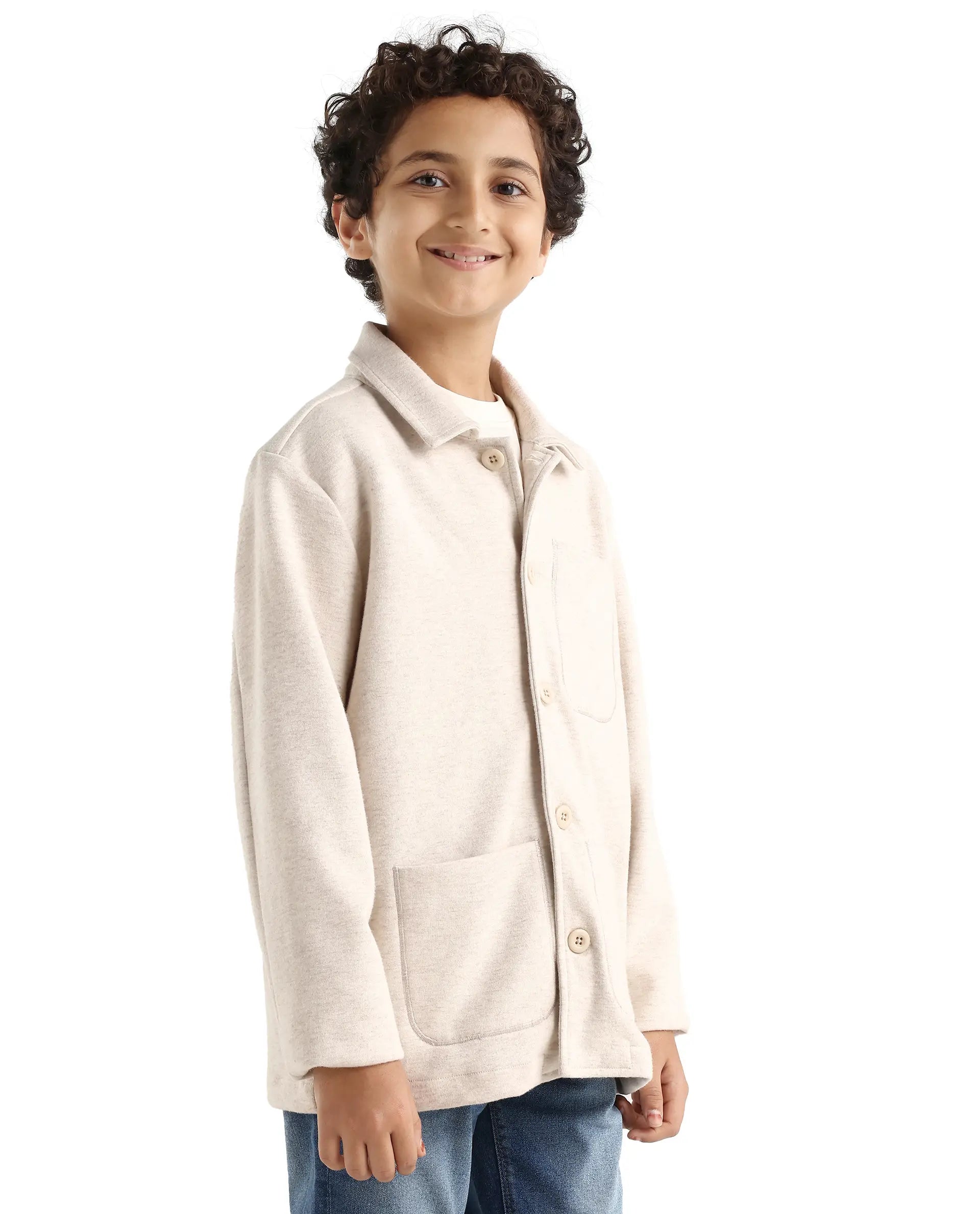 Rare Ones Kids Van-K Beige Cotton Blend Button Closure Flat Collar Plain Full Sleeves Regular Fit Jacket