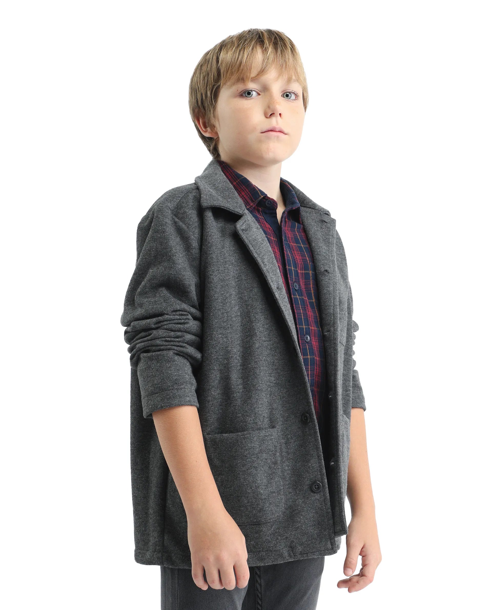 Rare Ones Kids Van-K Grey Cotton Blend Button Closure Flat Collar Plain Full Sleeves Regular Fit Jacket