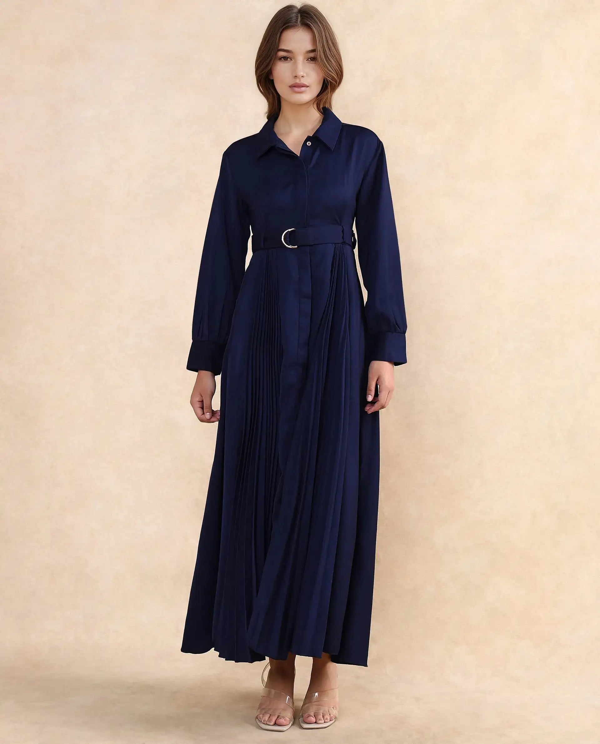 Rareism Women Vanadzor Navy Satin Bishop Sleeve Collared Neck Button Closure Flared Fit Maxi Plain Dress