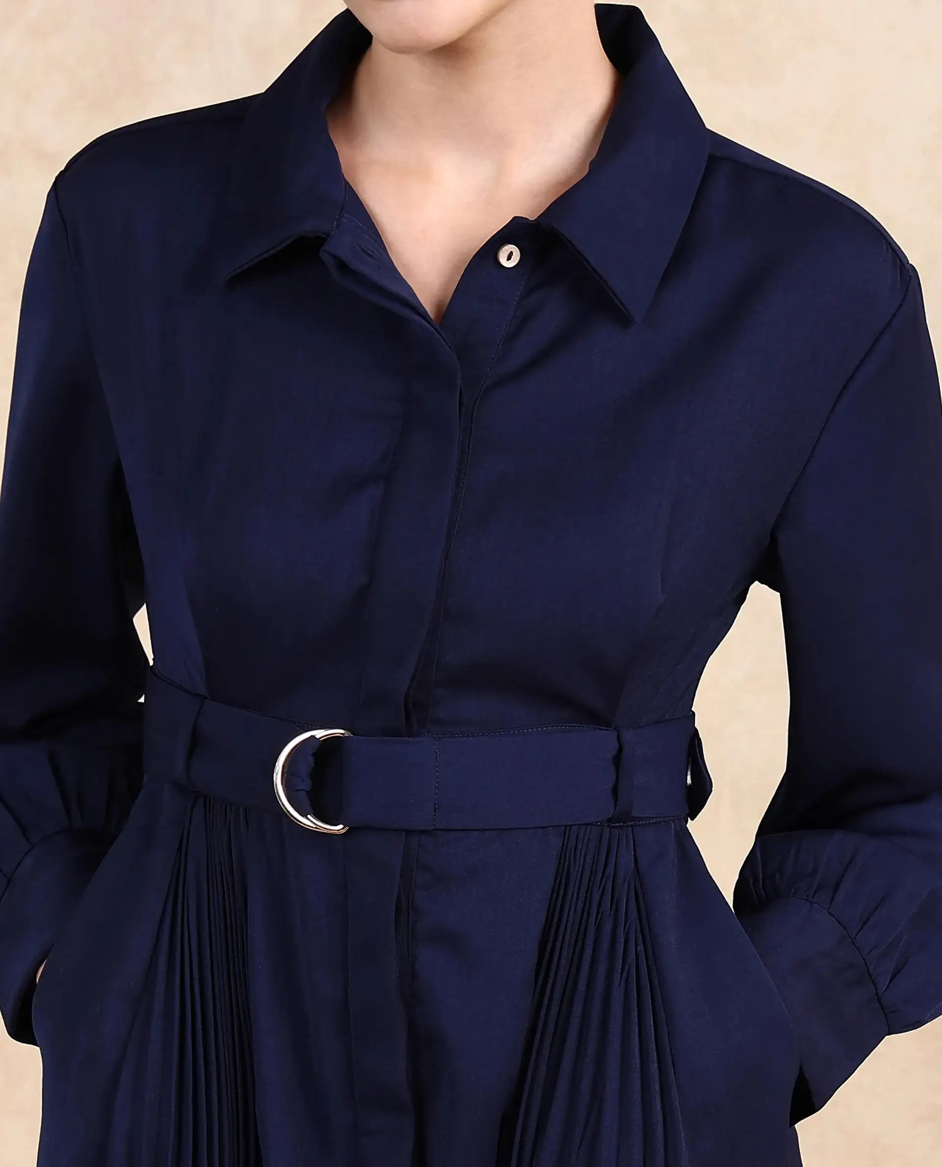 Rareism Women Vanadzor Navy Satin Bishop Sleeve Collared Neck Button Closure Flared Fit Maxi Plain Dress