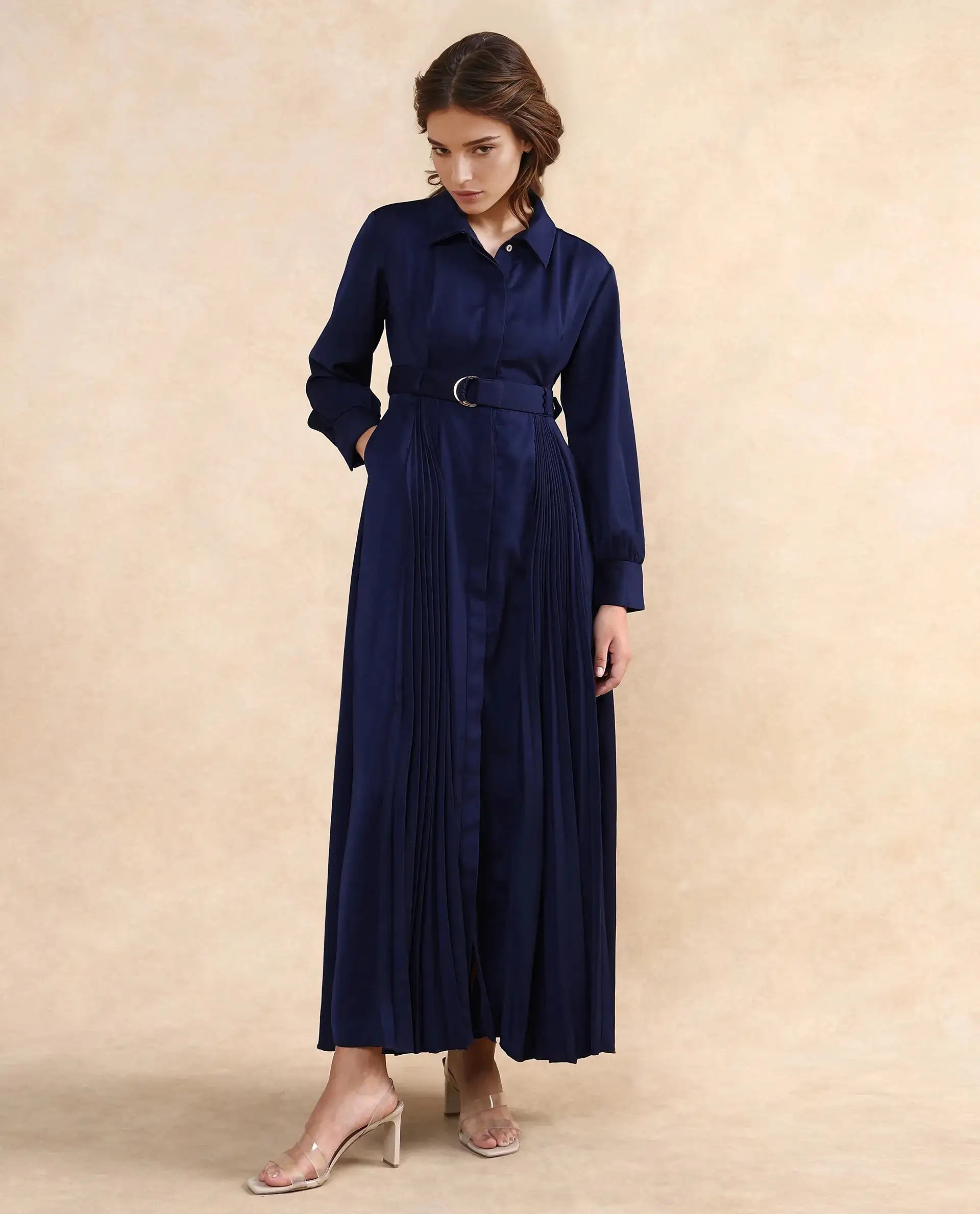 Rareism Women Vanadzor Navy Satin Bishop Sleeve Collared Neck Button Closure Flared Fit Maxi Plain Dress