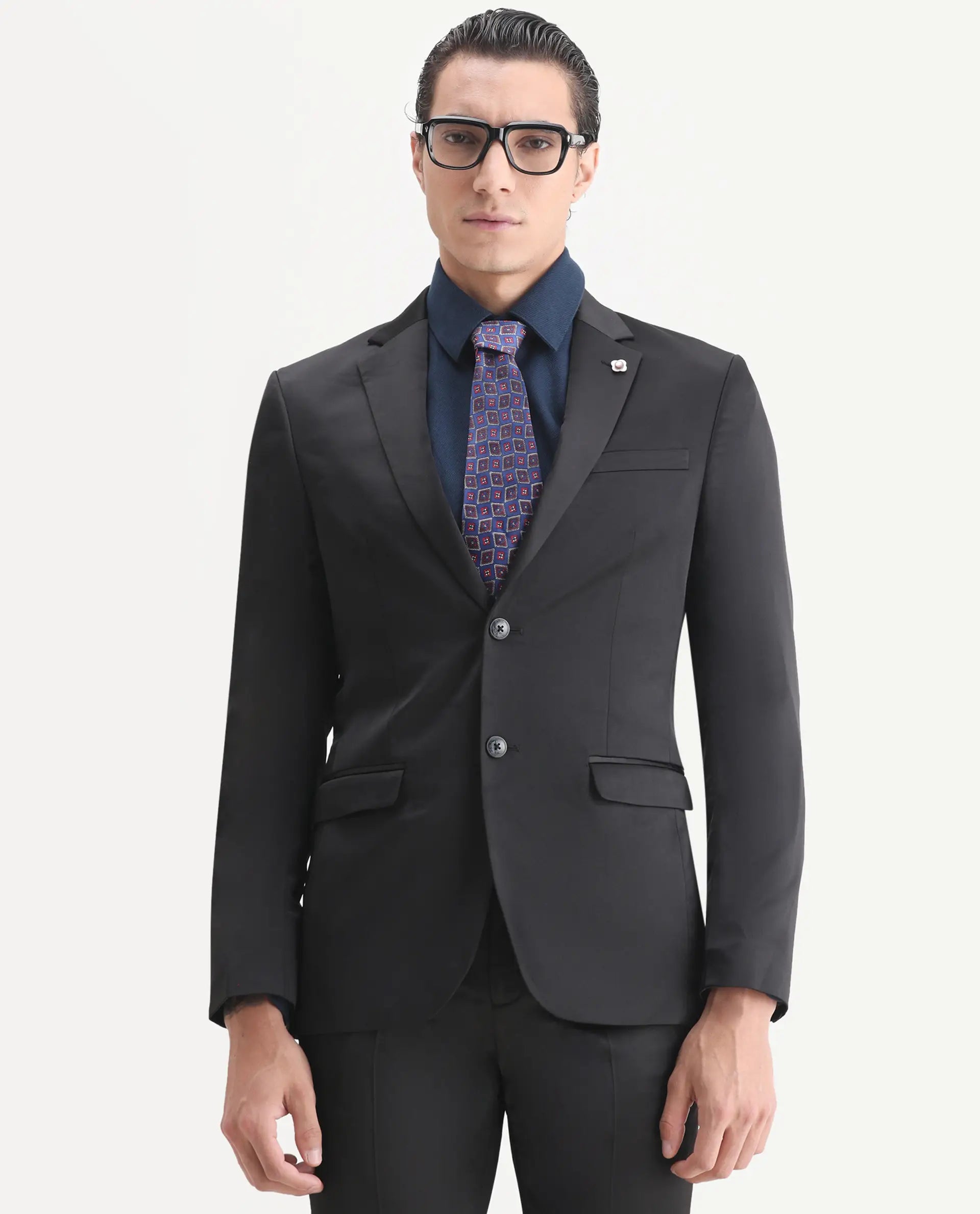 Rare Rabbit Men's Vance Black Satin Plain Tailored Fit Full Sleeve Lapel Neck Suits