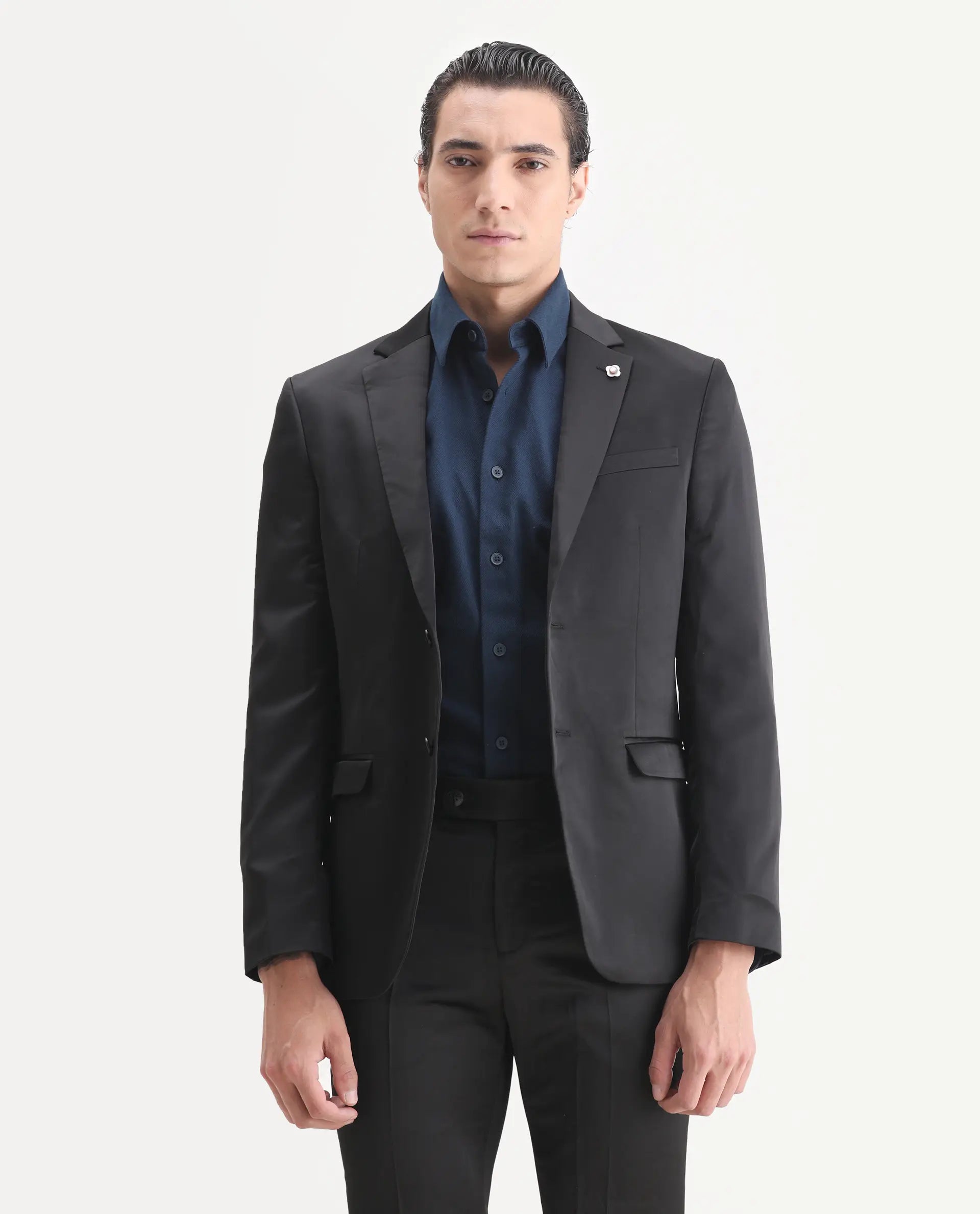 Rare Rabbit Men's Vance Black Satin Plain Tailored Fit Full Sleeve Lapel Neck Suits