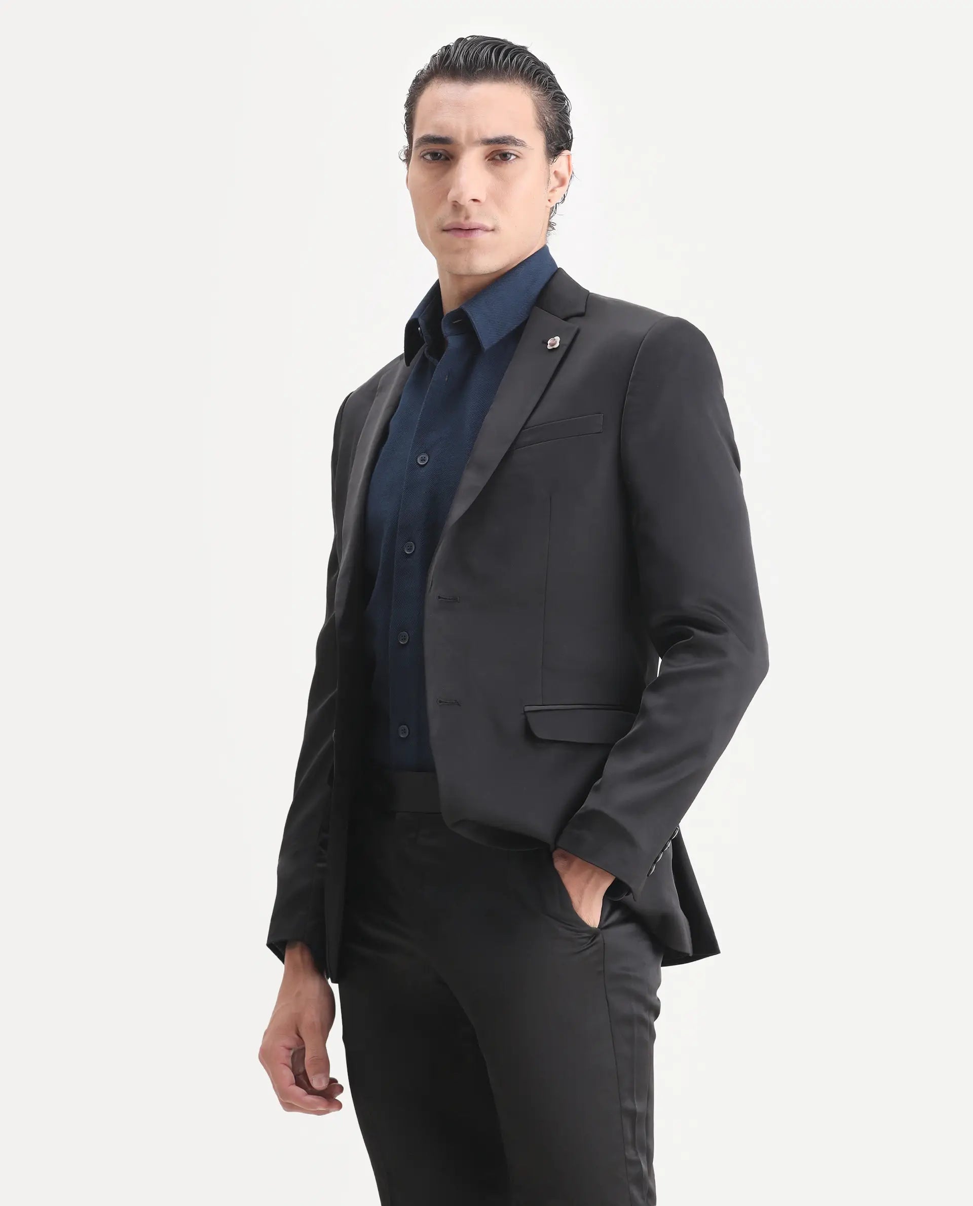 Rare Rabbit Men's Vance Black Satin Plain Tailored Fit Full Sleeve Lapel Neck Suits