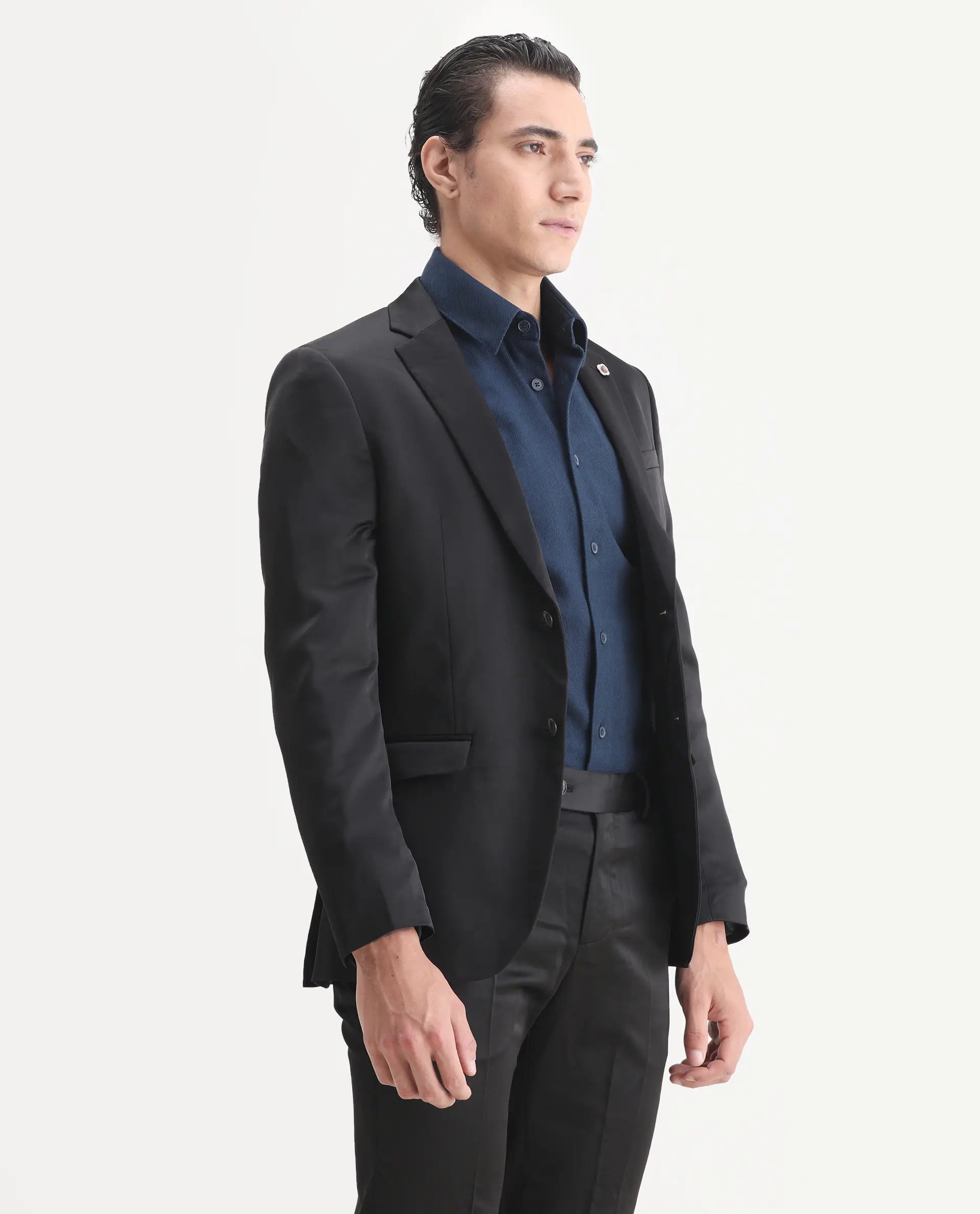 Rare Rabbit Men's Vance Black Satin Plain Tailored Fit Full Sleeve Lapel Neck Suits