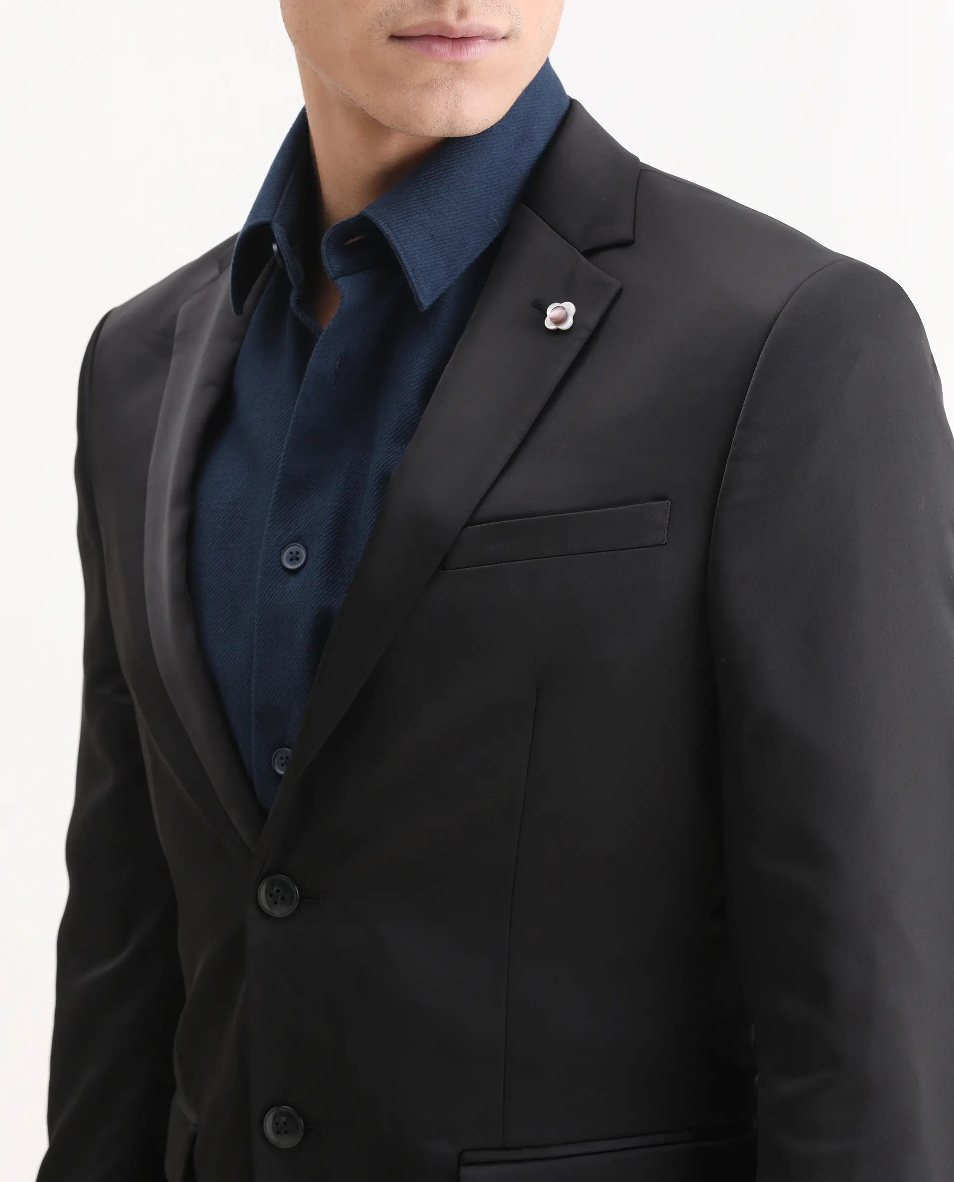 Rare Rabbit Men's Vance Black Satin Plain Tailored Fit Full Sleeve Lapel Neck Suits