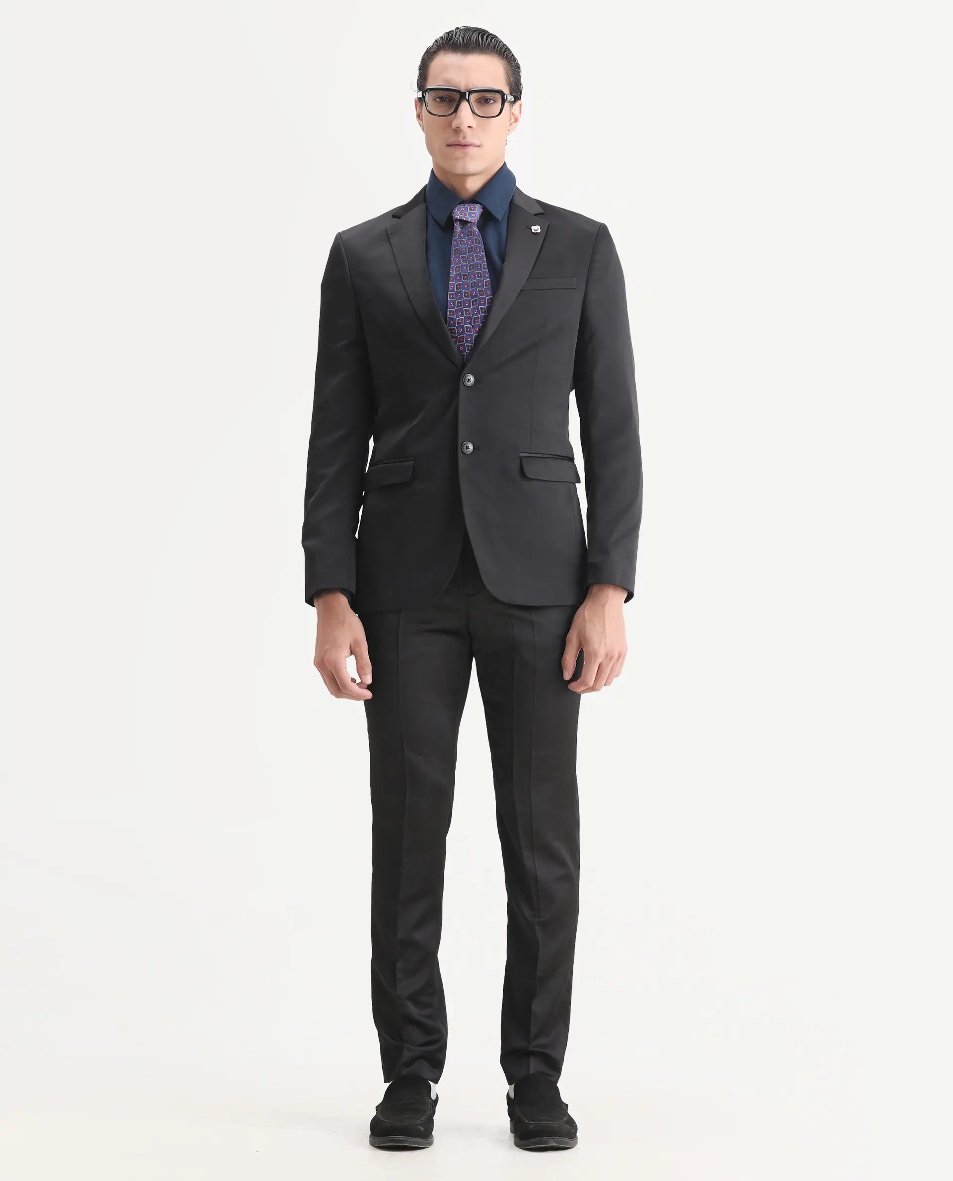 Rare Rabbit Men's Vance Black Satin Plain Tailored Fit Full Sleeve Lapel Neck Suits