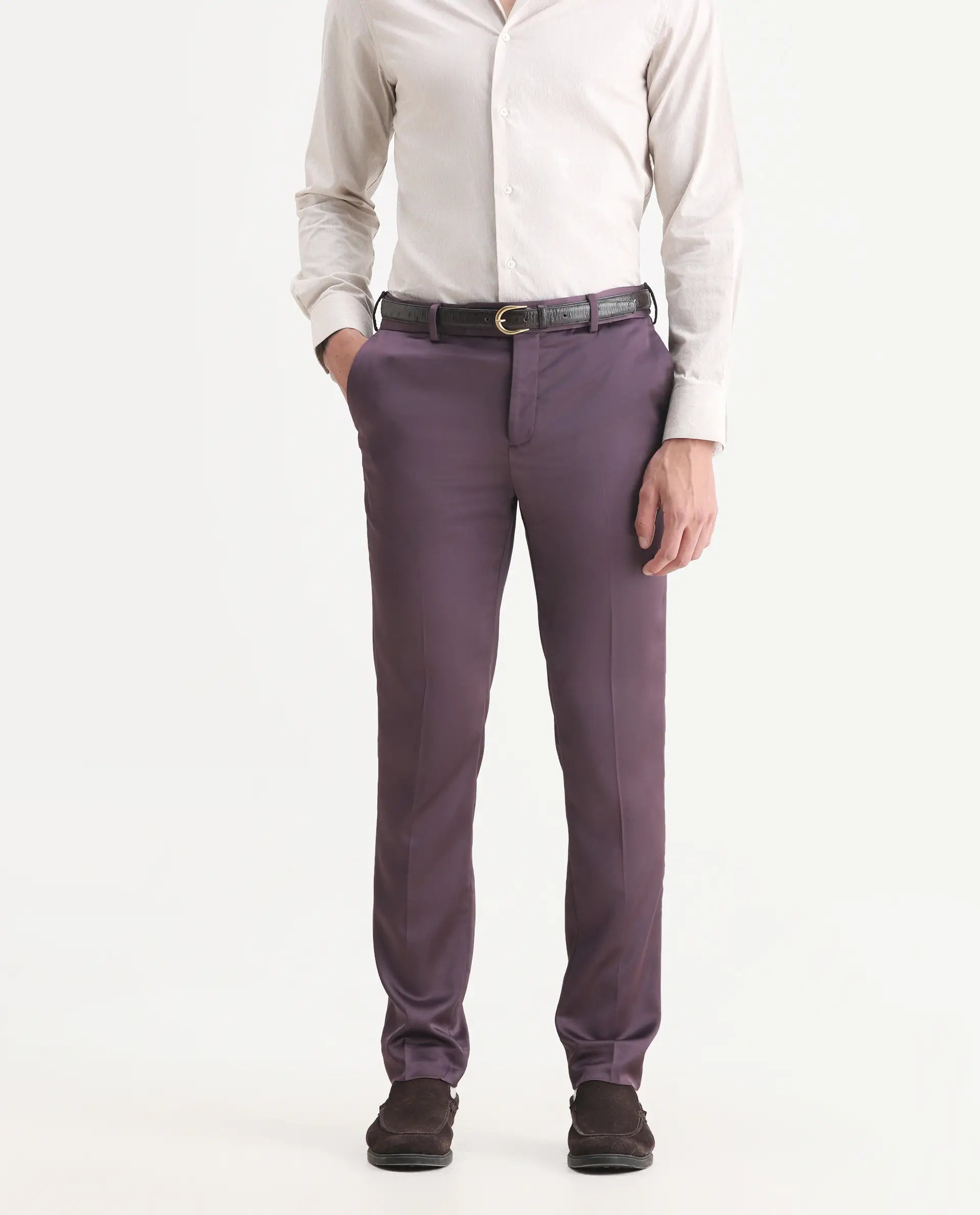 Rare Rabbit Men's Vance Dark Purple Satin Plain Tailored Fit Full Sleeve Lapel Neck Suits