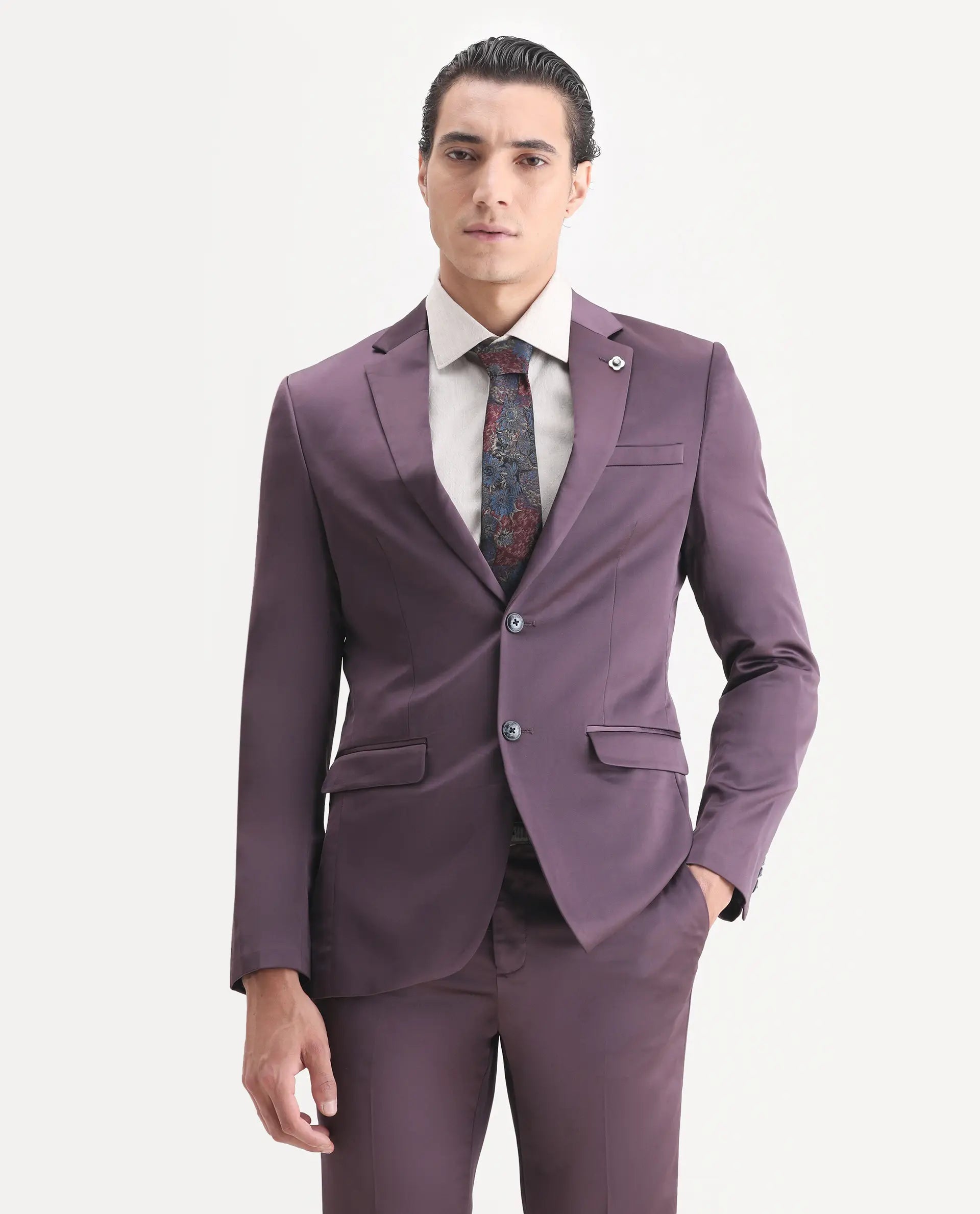 Rare Rabbit Men's Vance Dark Purple Satin Plain Tailored Fit Full Sleeve Lapel Neck Suits