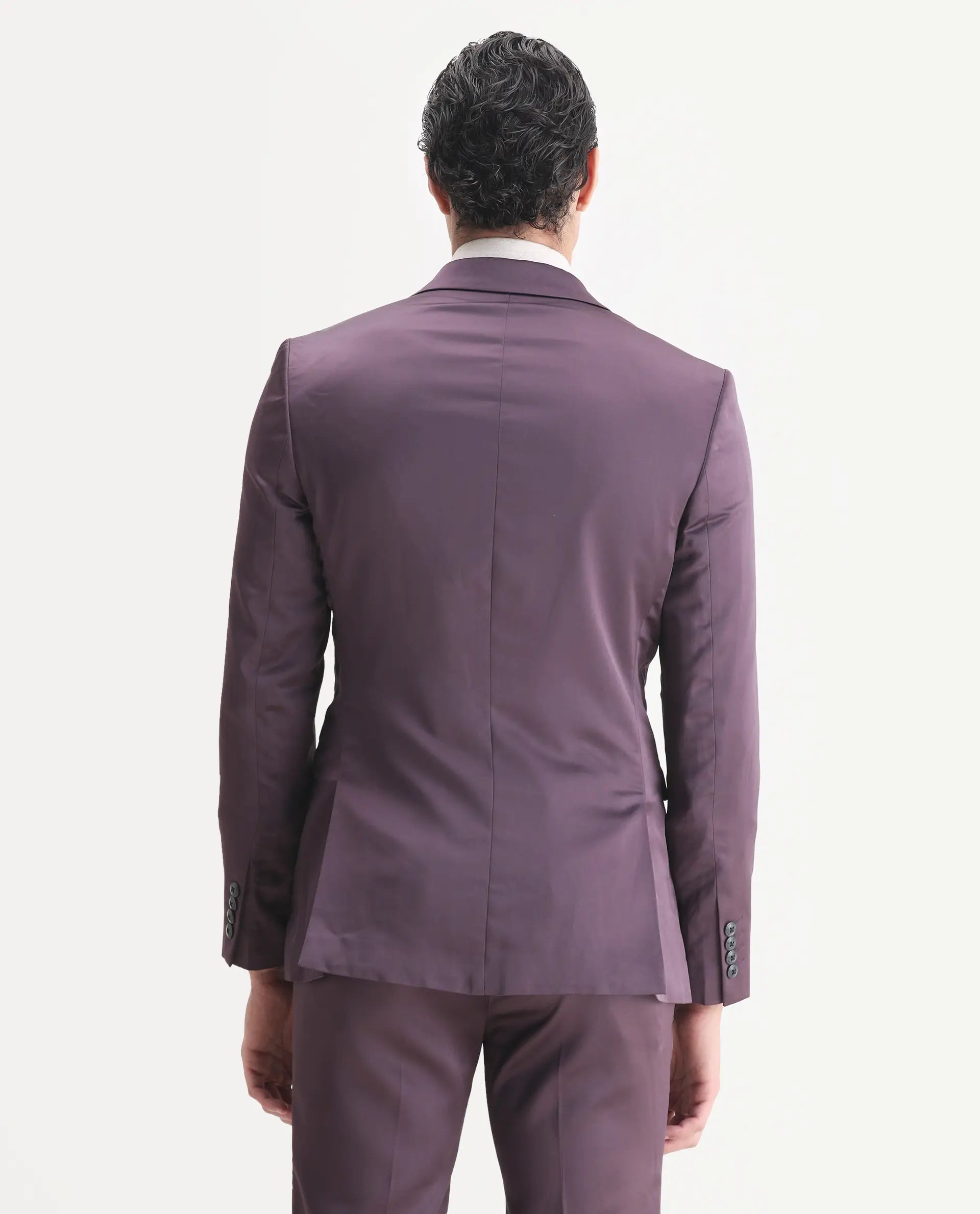 Rare Rabbit Men's Vance Dark Purple Satin Plain Tailored Fit Full Sleeve Lapel Neck Suits