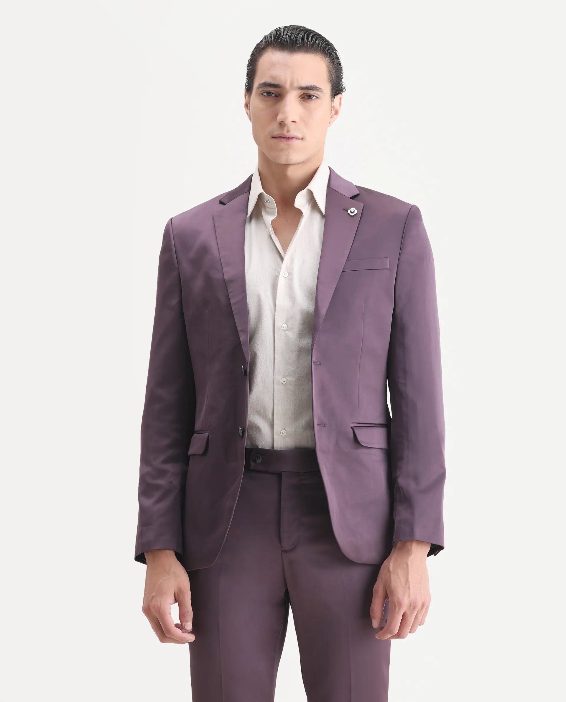 Rare Rabbit Men's Vance Dark Purple Satin Plain Tailored Fit Full Sleeve Lapel Neck Suits