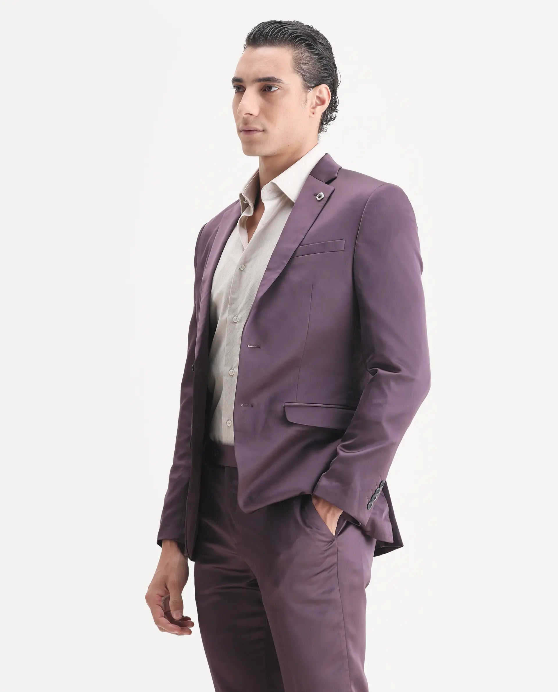 Rare Rabbit Men's Vance Dark Purple Satin Plain Tailored Fit Full Sleeve Lapel Neck Suits