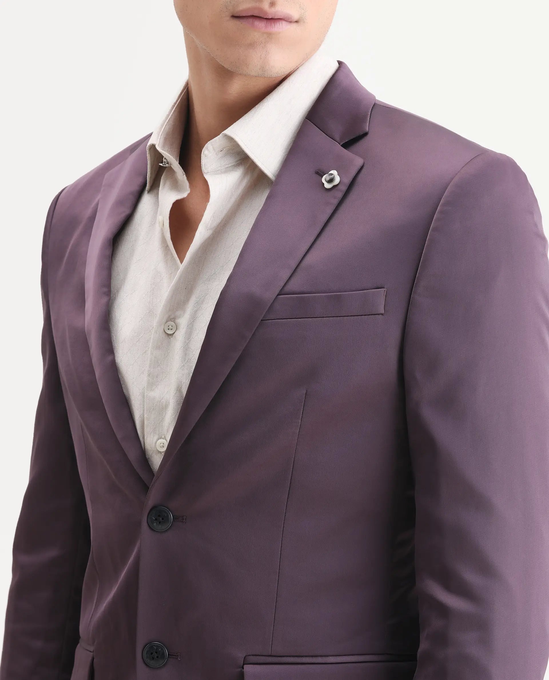 Rare Rabbit Men's Vance Dark Purple Satin Plain Tailored Fit Full Sleeve Lapel Neck Suits