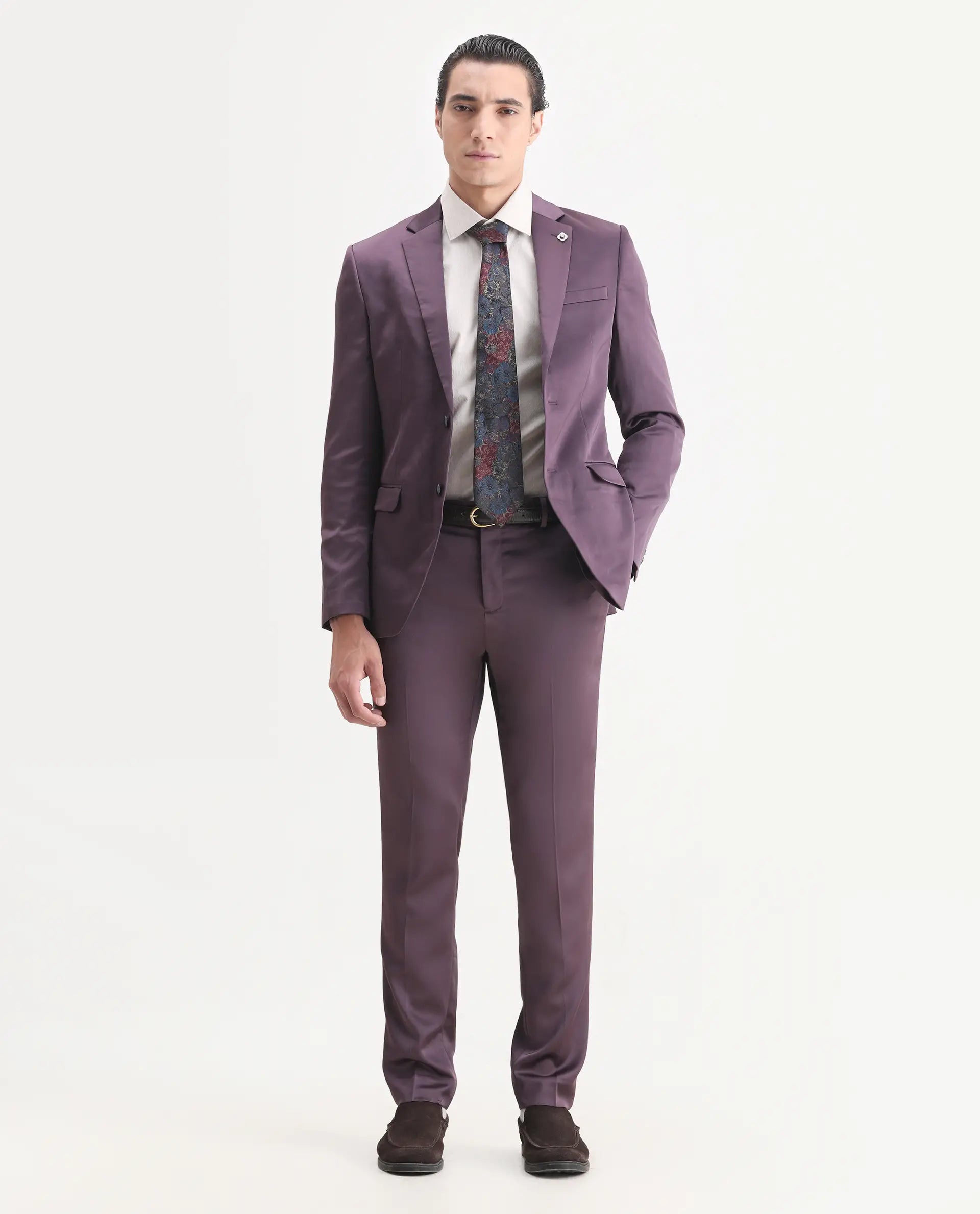 Rare Rabbit Men's Vance Dark Purple Satin Plain Tailored Fit Full Sleeve Lapel Neck Suits