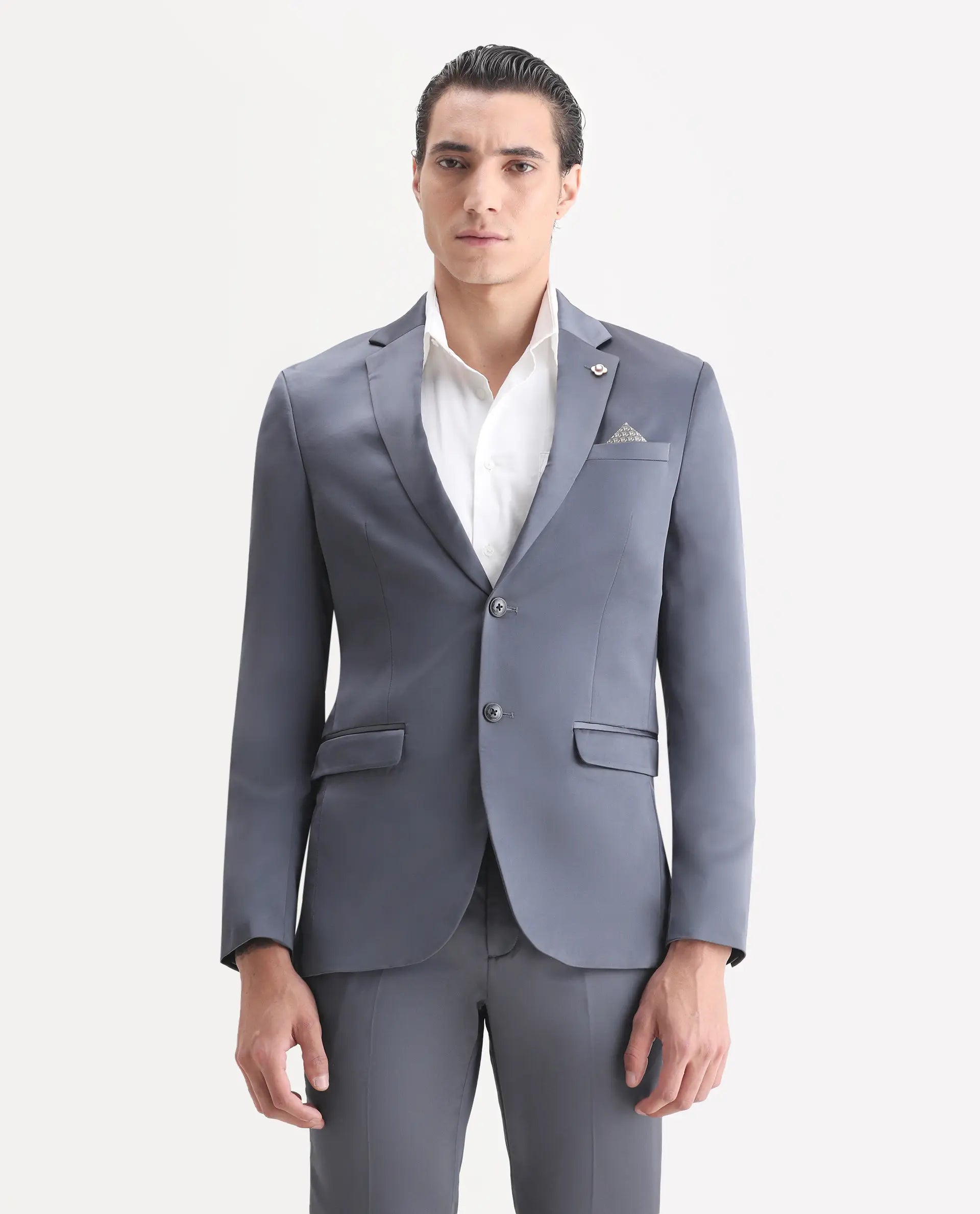 Rare Rabbit Men's Vance Dark Grey Satin Plain Tailored Fit Full Sleeve Lapel Neck Suits