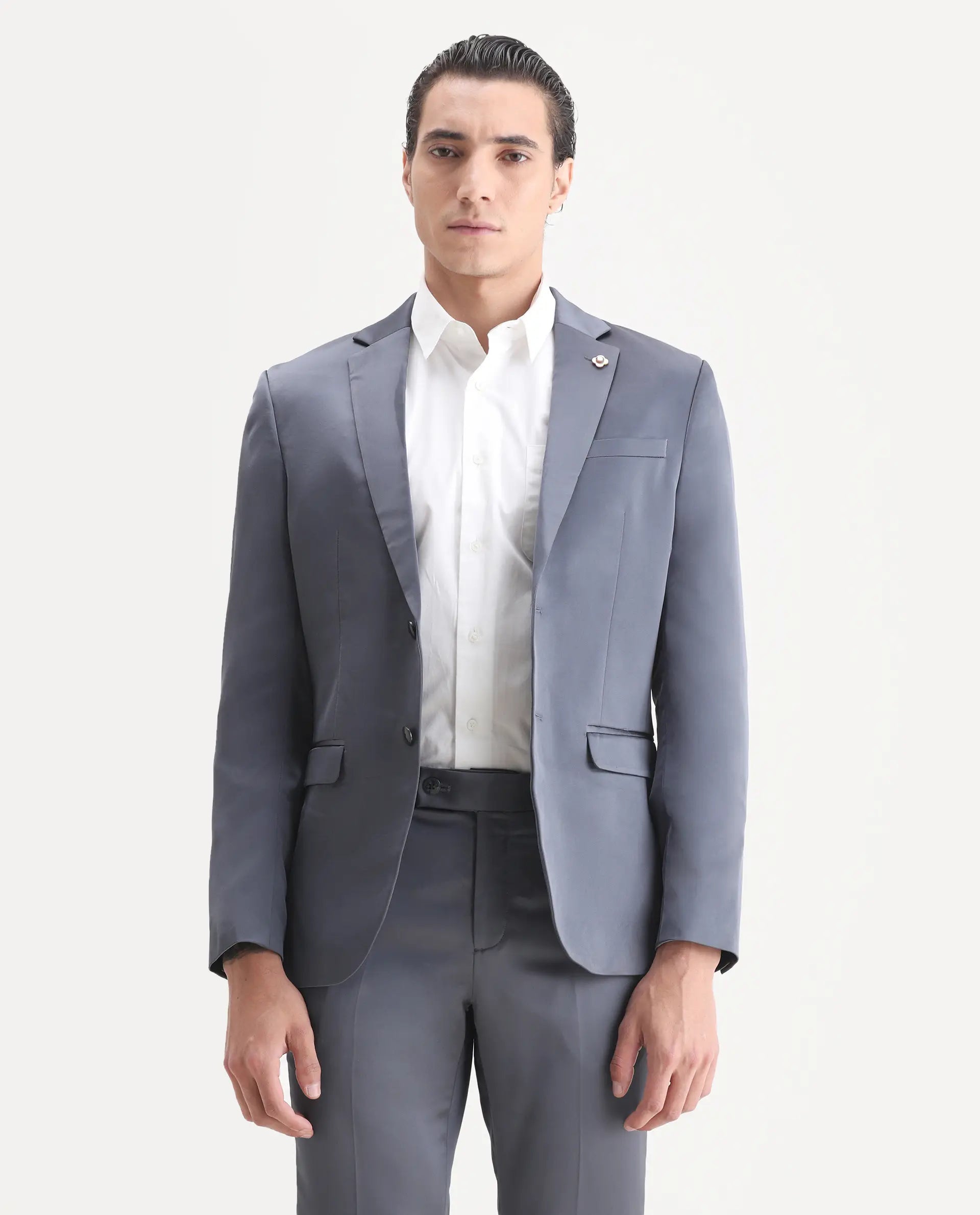 Rare Rabbit Men's Vance Dark Grey Satin Plain Tailored Fit Full Sleeve Lapel Neck Suits