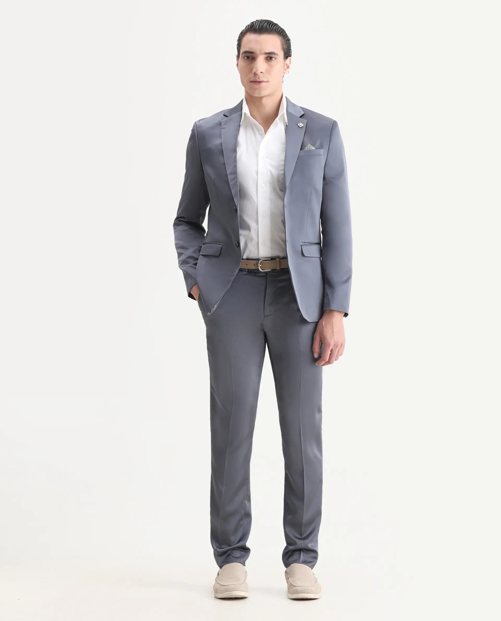 Rare Rabbit Men's Vance Dark Grey Satin Plain Tailored Fit Full Sleeve Lapel Neck Suits