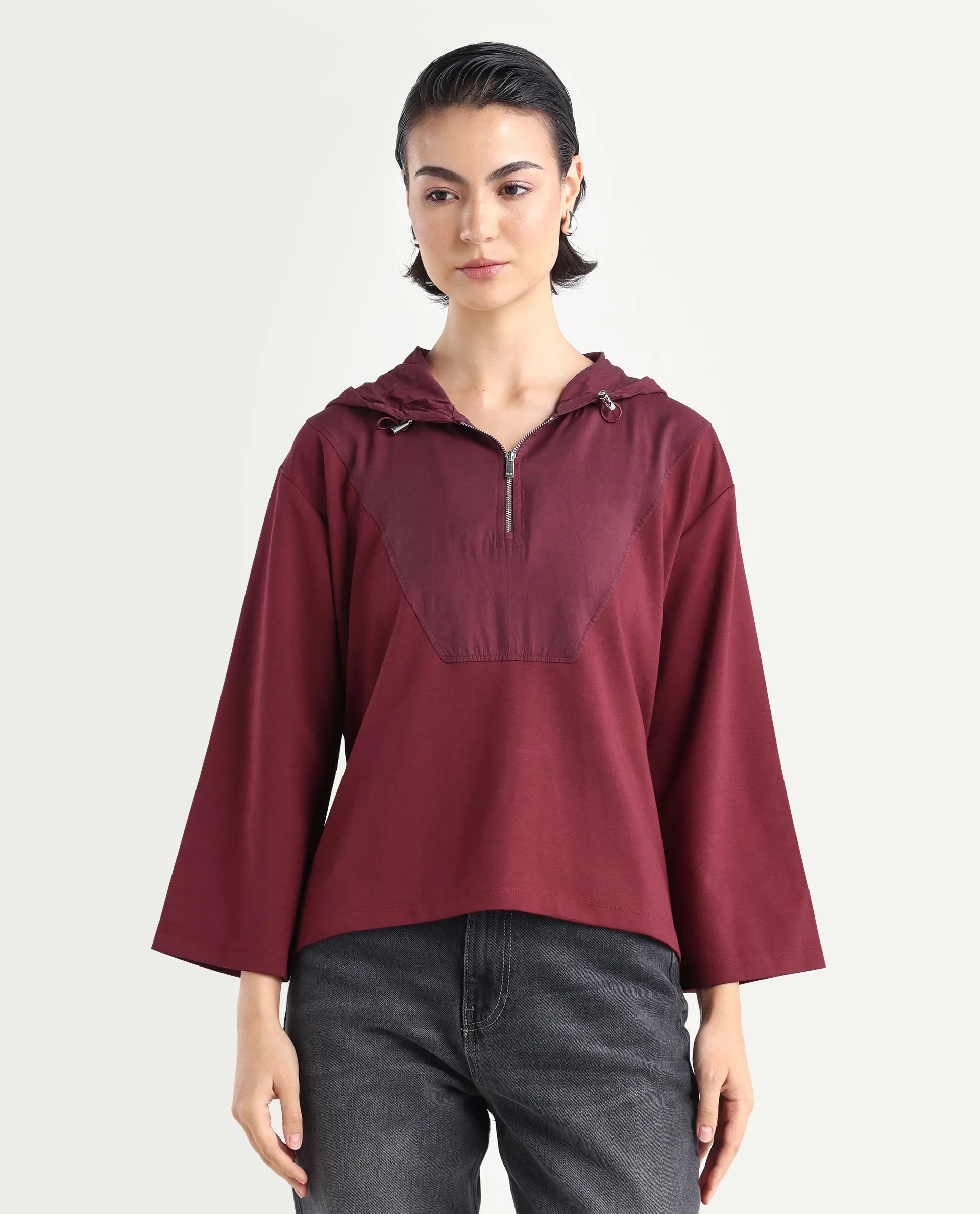 Rareism Women's Vancouver Maroon Cotton Blend Hooded Plain Relaxed Fit Sweatshirt