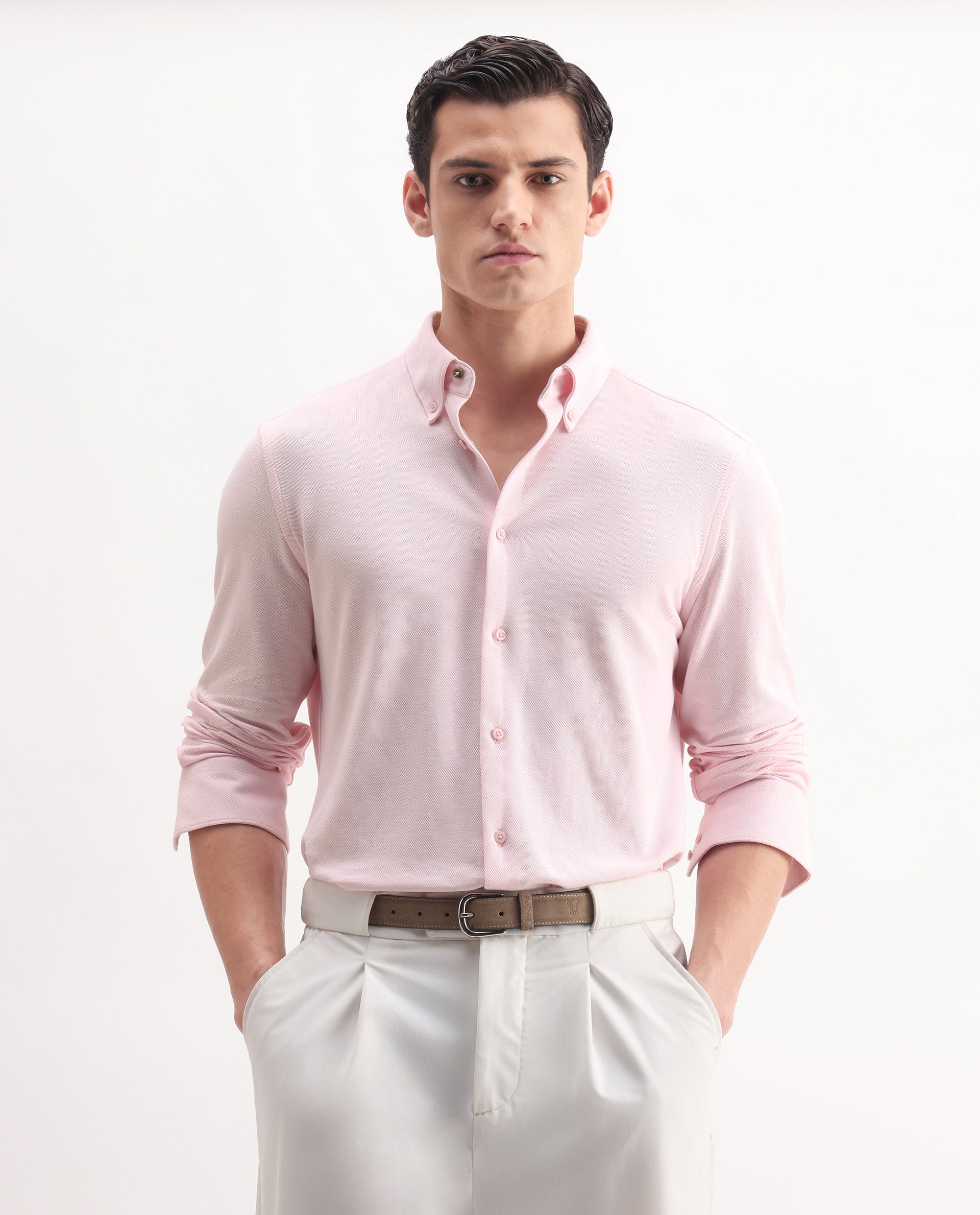 Rare Rabbit Men's Vane-25 Light Pink Cotton Plain Regular Fit Full Sleeve Button-Down Collar Shirt