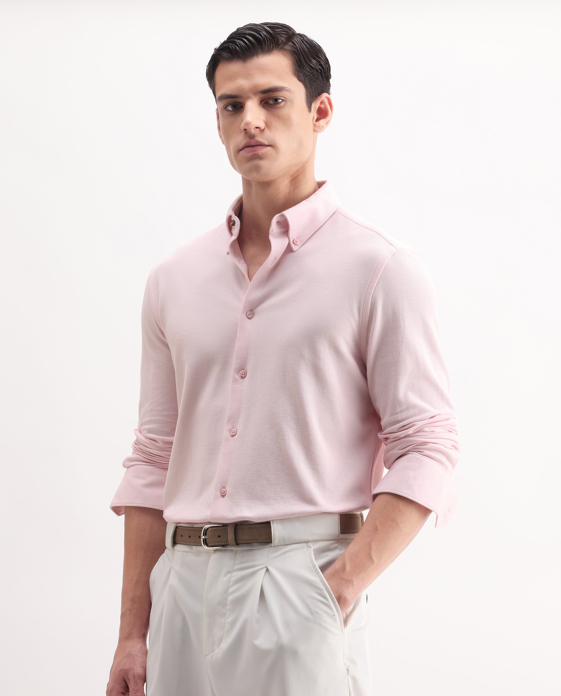 Rare Rabbit Men's Vane-25 Light Pink Cotton Plain Regular Fit Full Sleeve Button-Down Collar Shirt