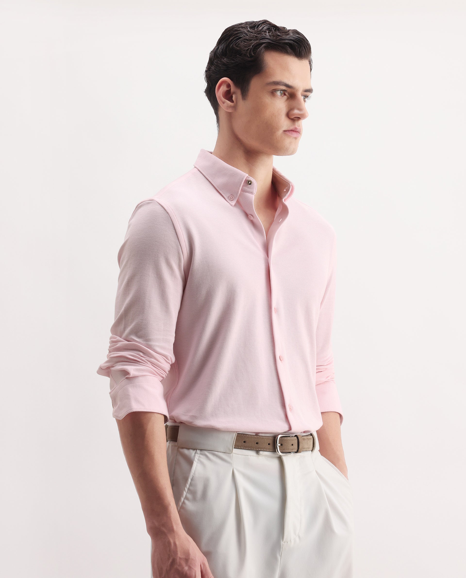 Rare Rabbit Men's Vane-25 Light Pink Cotton Plain Regular Fit Full Sleeve Button-Down Collar Shirt