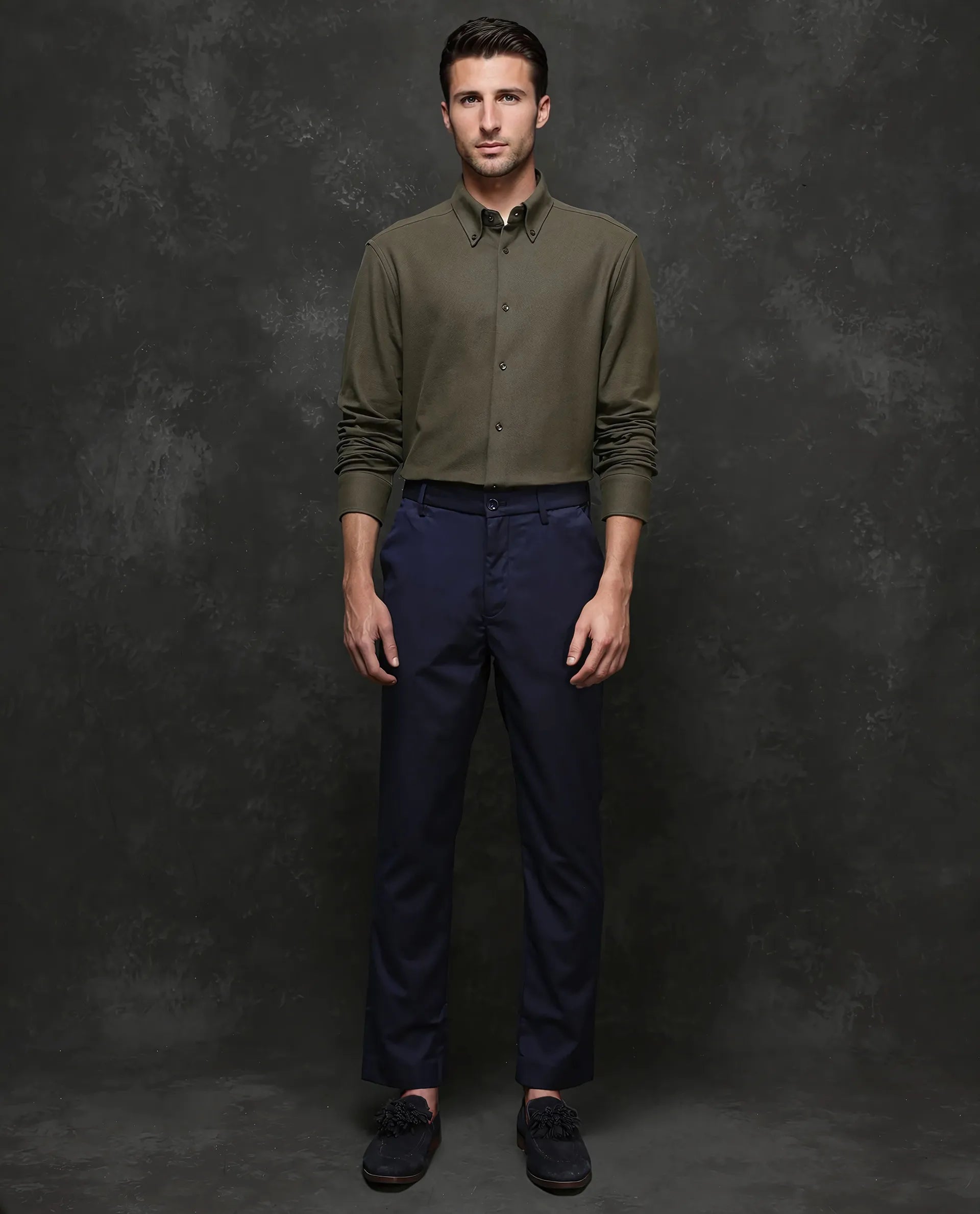 Rare Rabbit Men Vane Dark Olive Cotton Fabric Full Sleeves Regular Collar Regular Fit Plain Shirt