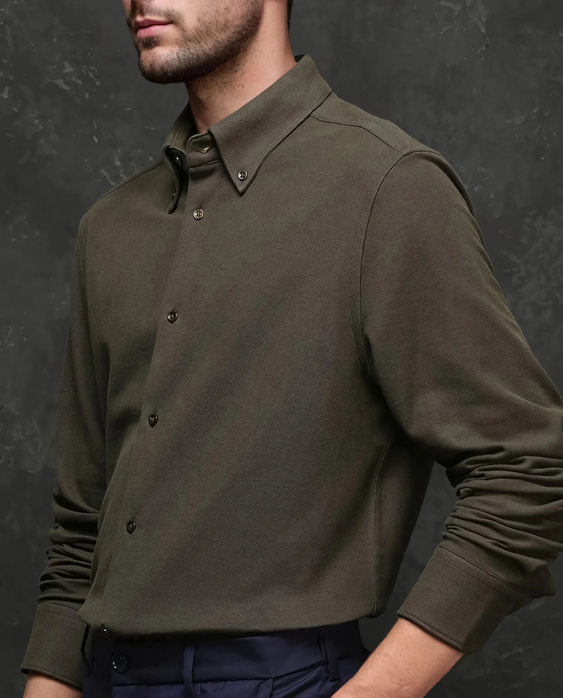 Rare Rabbit Men Vane Dark Olive Cotton Fabric Full Sleeves Regular Collar Regular Fit Plain Shirt