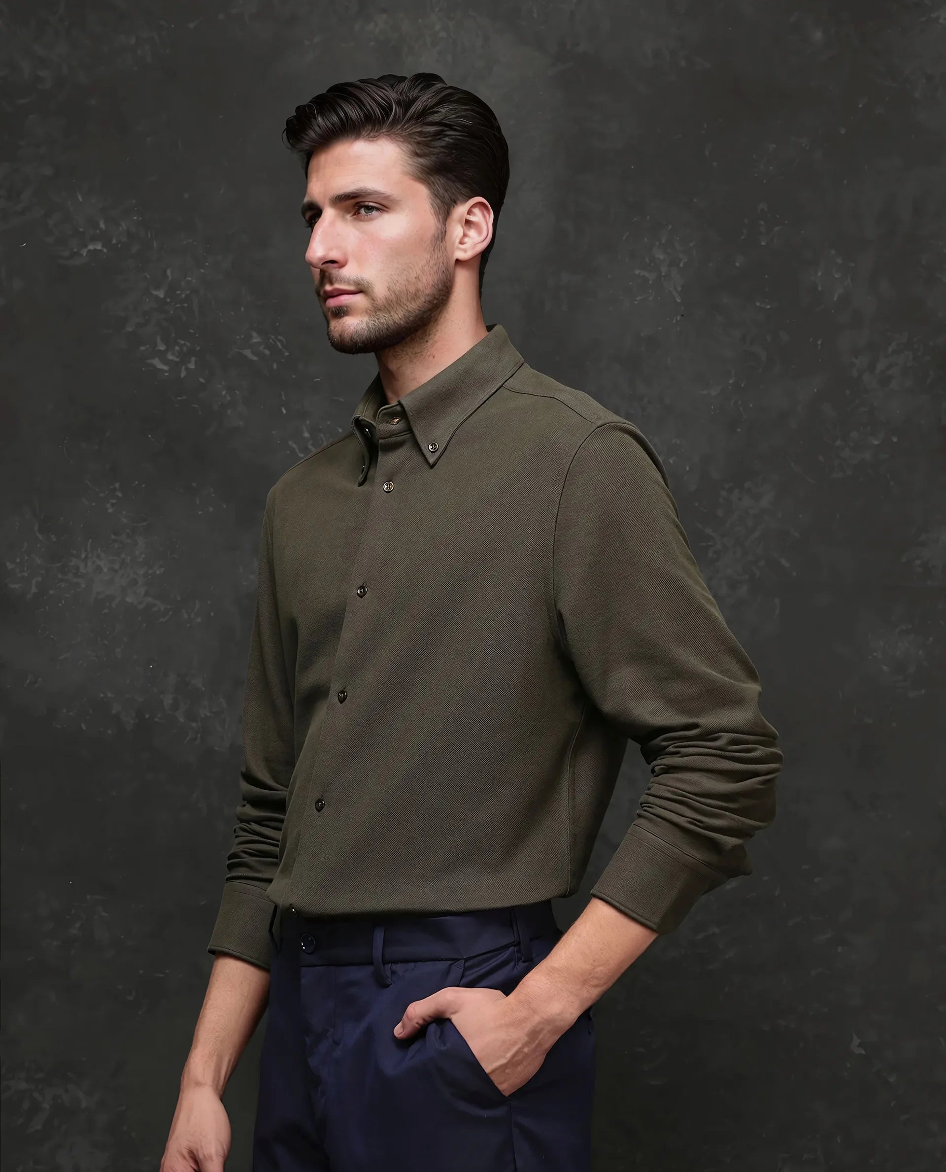 Rare Rabbit Men Vane Dark Olive Cotton Fabric Full Sleeves Regular Collar Regular Fit Plain Shirt