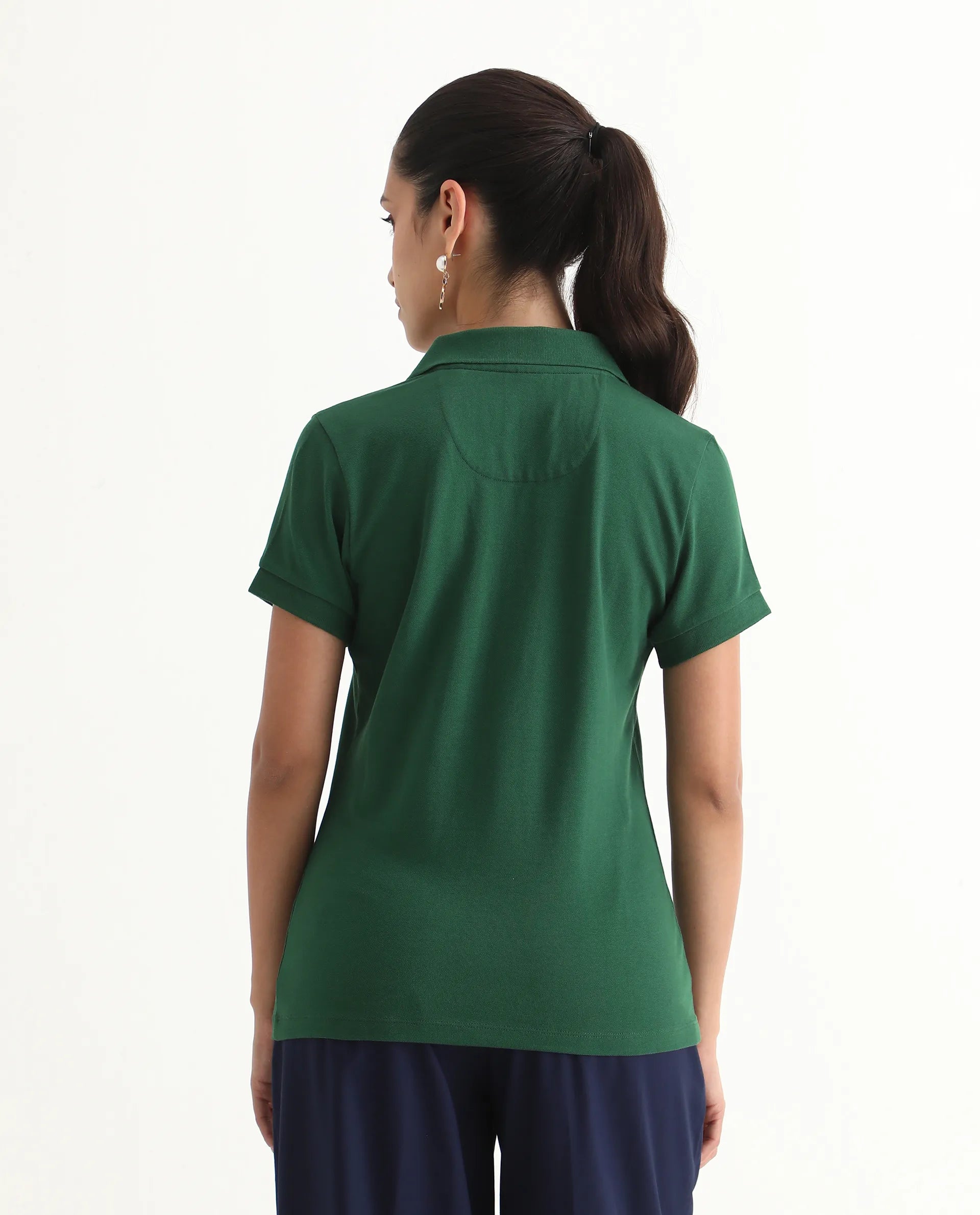 Rareism Women's Van Green Cotton Blend Polo Neck Plain Regular Fit Polo