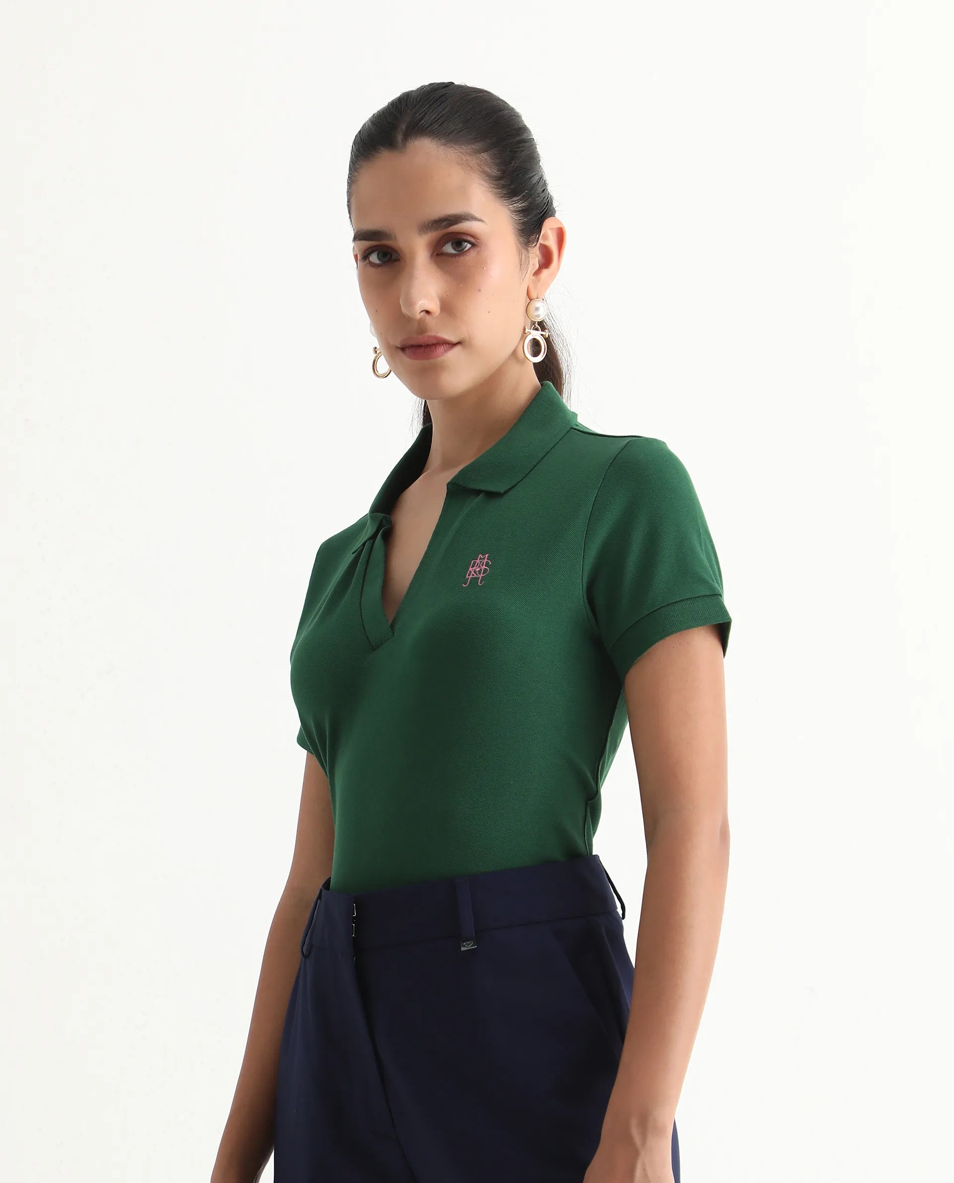 Rareism Women's Van Green Cotton Blend Polo Neck Plain Regular Fit Polo