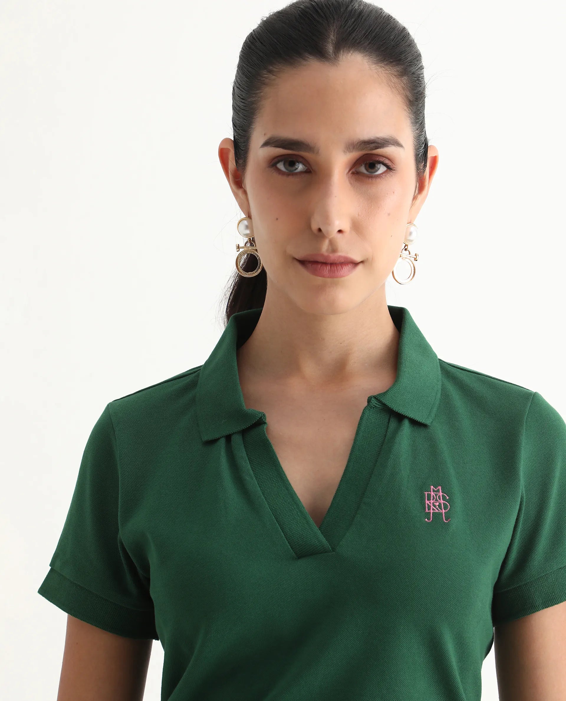 Rareism Women's Van Green Cotton Blend Polo Neck Plain Regular Fit Polo