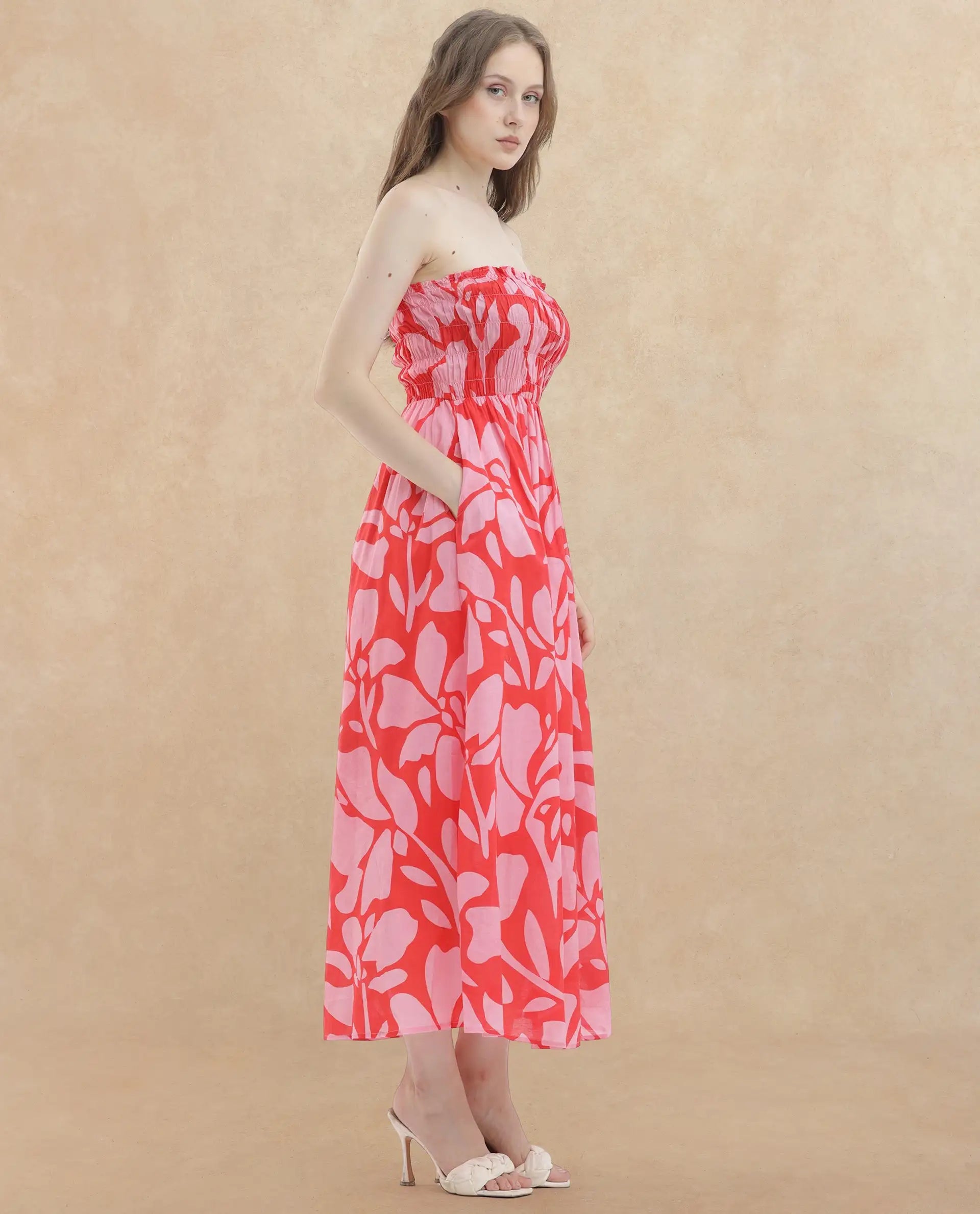 Rareism Women's Vanka Red Cotton Shoulder Strap Floral Print Shoulder Strap Maxi Fit And Flare Dress