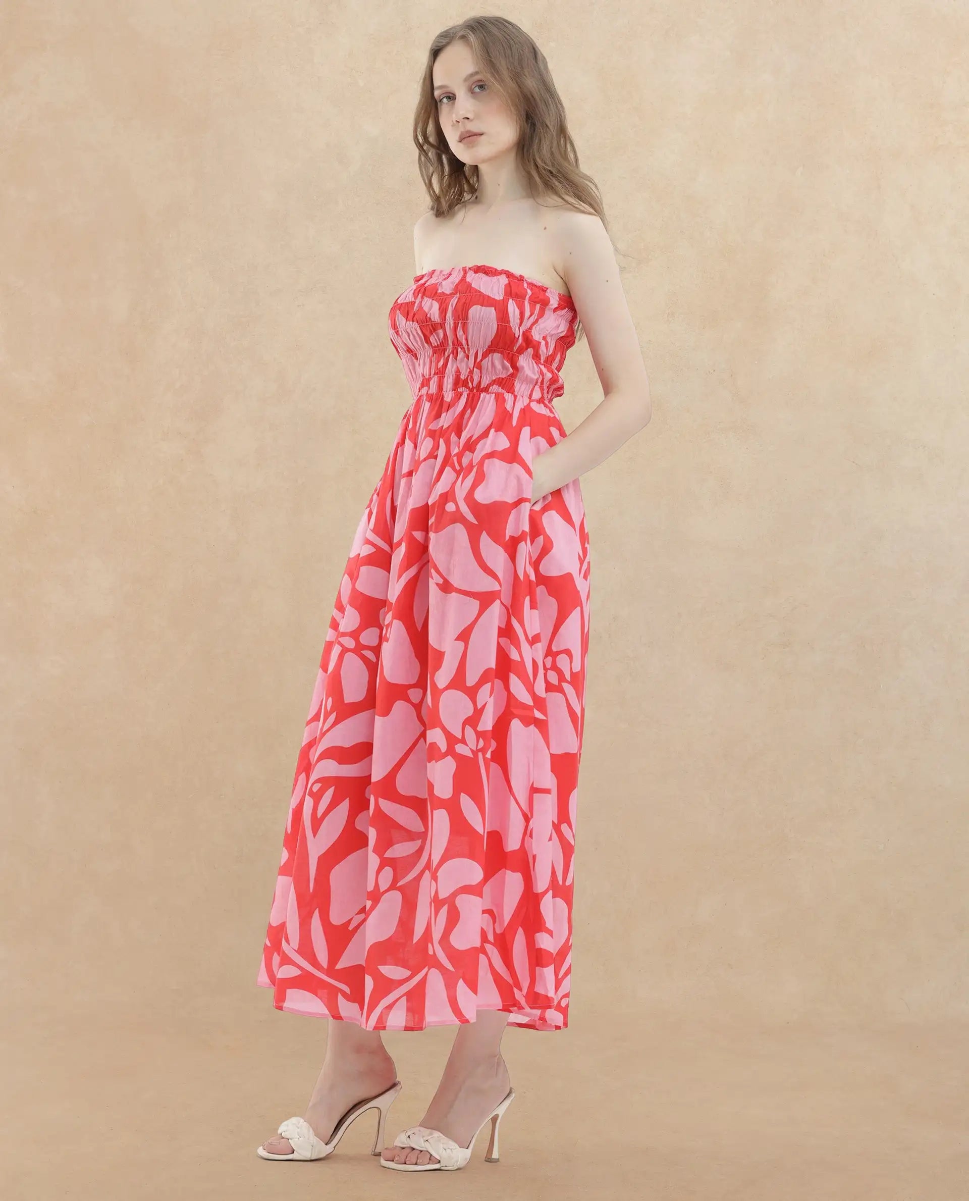 Rareism Women's Vanka Red Cotton Shoulder Strap Floral Print Shoulder Strap Maxi Fit And Flare Dress