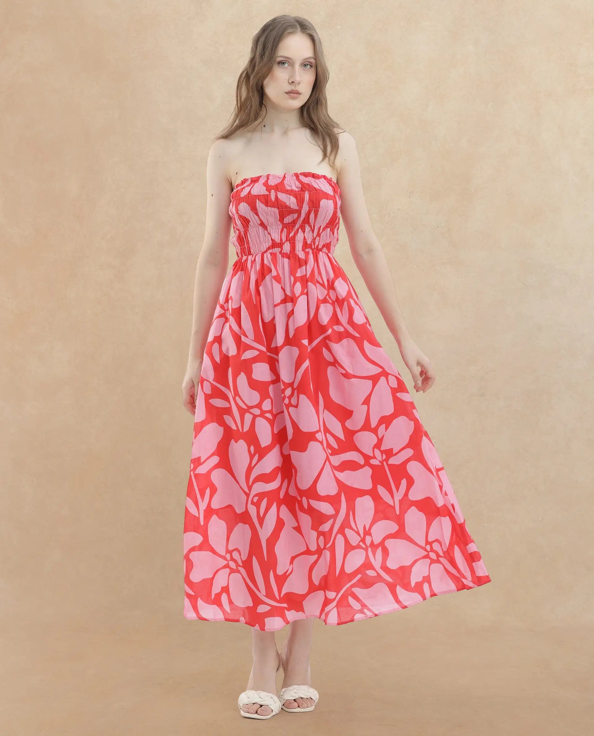 Rareism Women's Vanka Red Cotton Shoulder Strap Floral Print Shoulder Strap Maxi Fit And Flare Dress