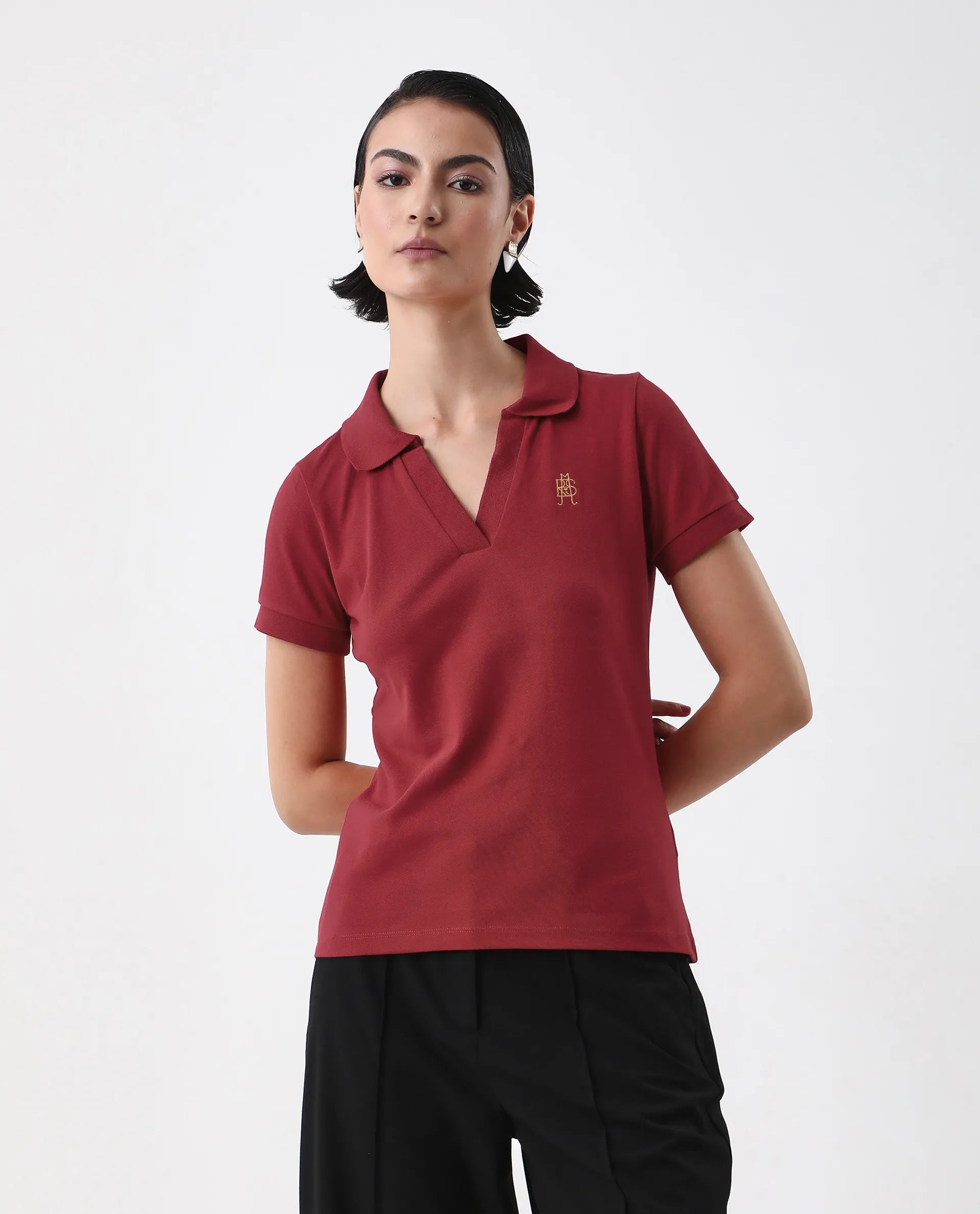 Rareism Women's Van Red Cotton Blend Polo Neck Plain Regular Fit Polo