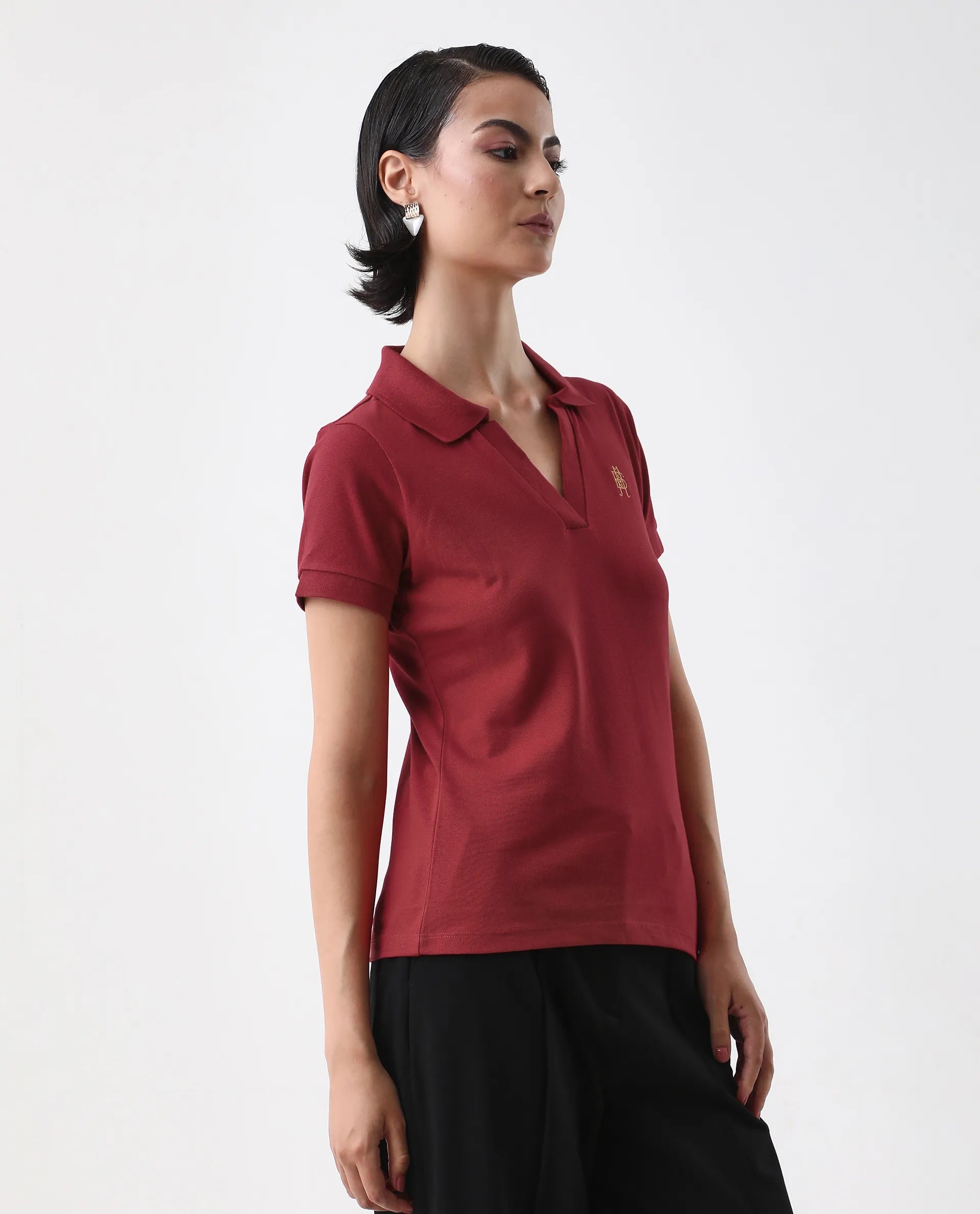 Rareism Women's Van Red Cotton Blend Polo Neck Plain Regular Fit Polo