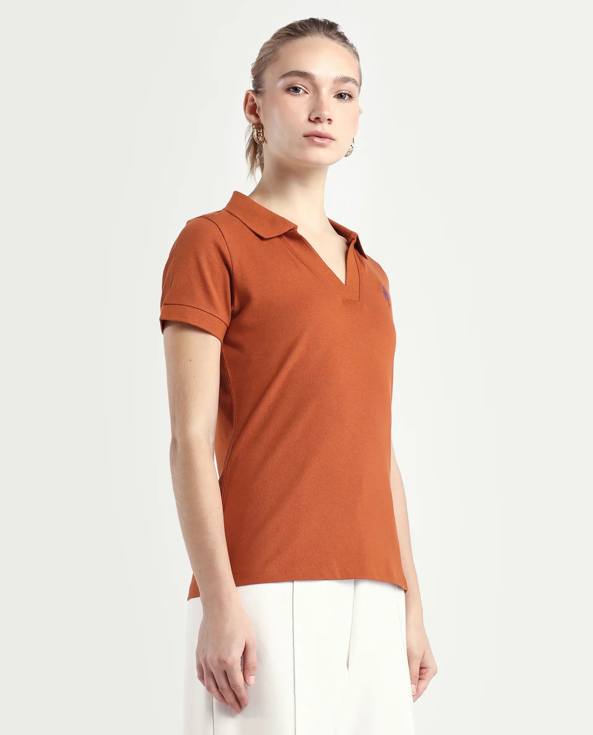 Rareism Women's Van-Rust Cotton Blend Polo Neck Plain Regular Fit Polo