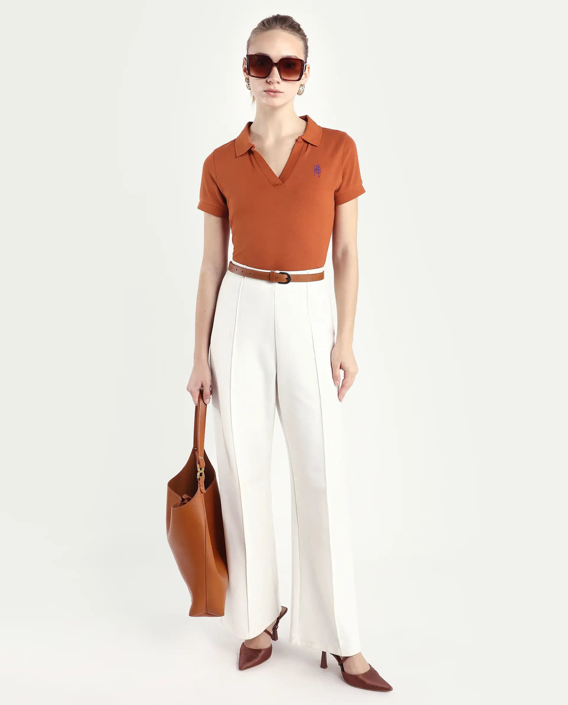 Rareism Women's Van-Rust Cotton Blend Polo Neck Plain Regular Fit Polo