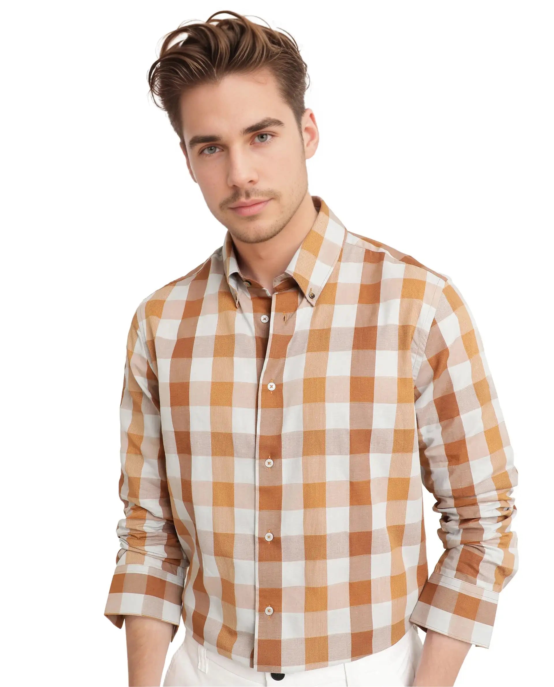 Rare Rabbit Men's Vanta Dusky Mustard Cotton Checked Print Regular Fit Full Sleeve Collared Shirt