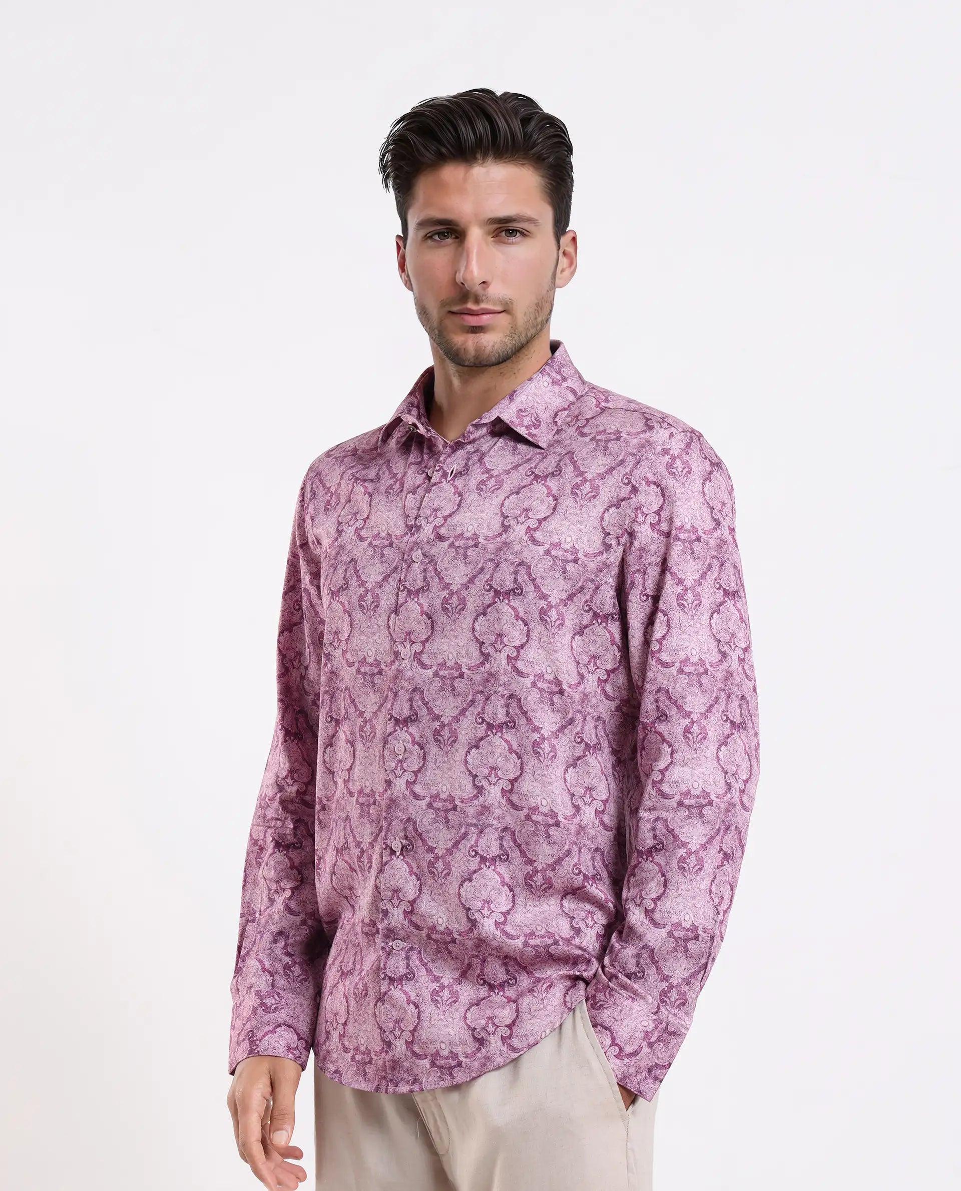 Rare Rabbit Men's Vanto 1 Purple Cotton Blend Fabric Full Sleeve Collared Neck Paisley Print Shirt
